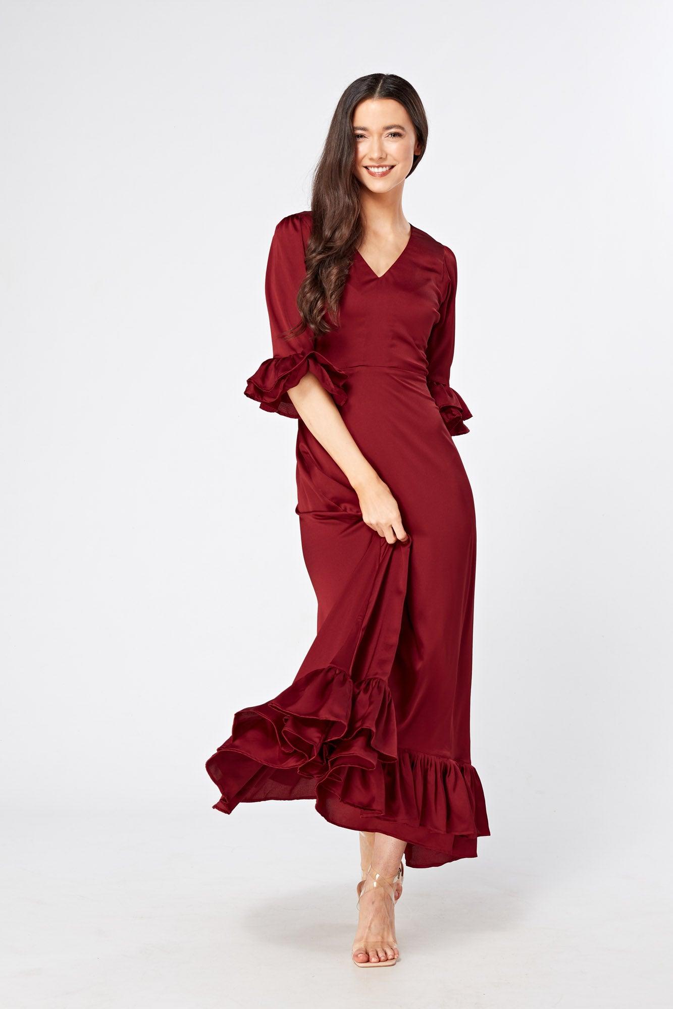 Francesca Frilled Hem Satin-Feel Maroon Maxi Dress - TAHLIRA