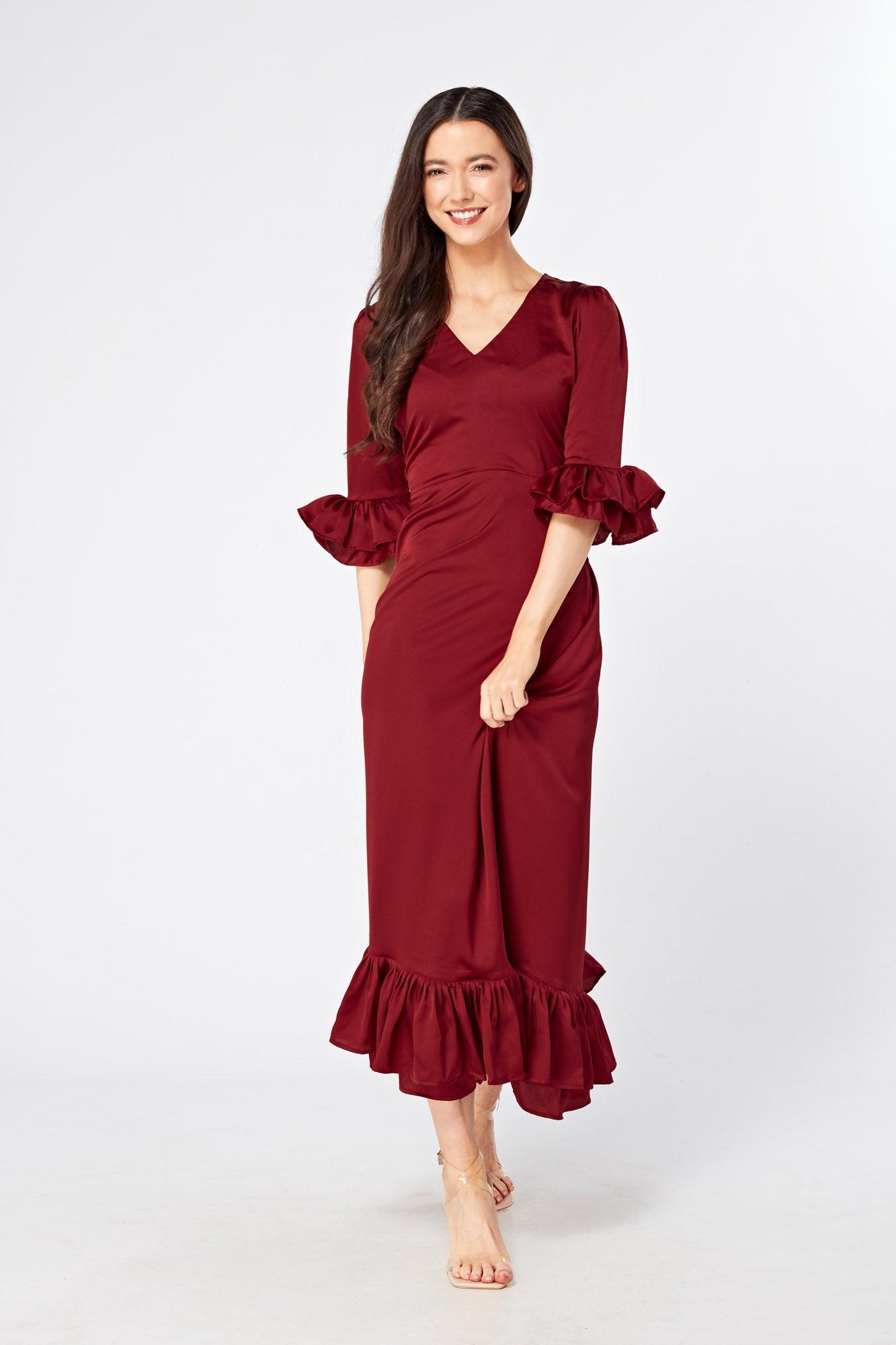 Francesca Frilled Hem Satin-Feel Maroon Maxi Dress - TAHLIRA