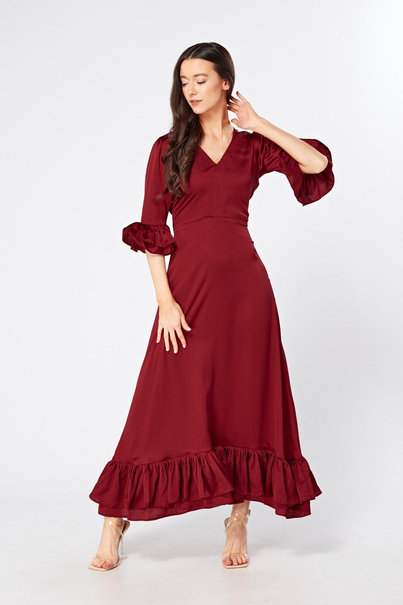 Francesca Frilled Hem Satin-Feel Maroon Maxi Dress - TAHLIRA