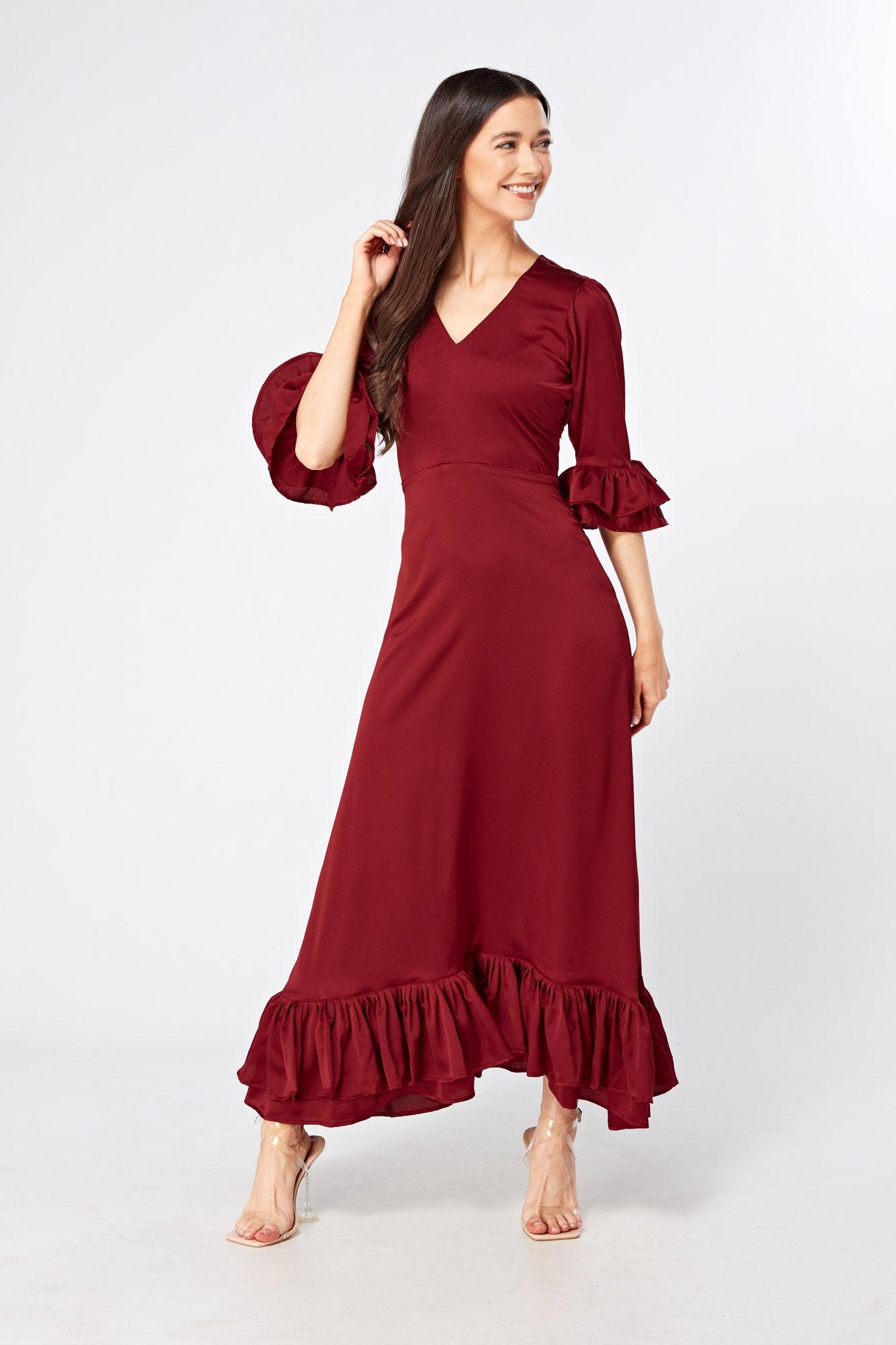 Francesca Frilled Hem Satin-Feel Maroon Maxi Dress - TAHLIRA