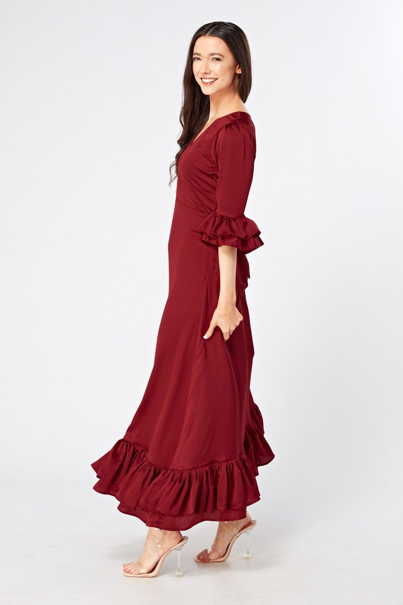 Francesca Frilled Hem Satin-Feel Maroon Maxi Dress - TAHLIRA