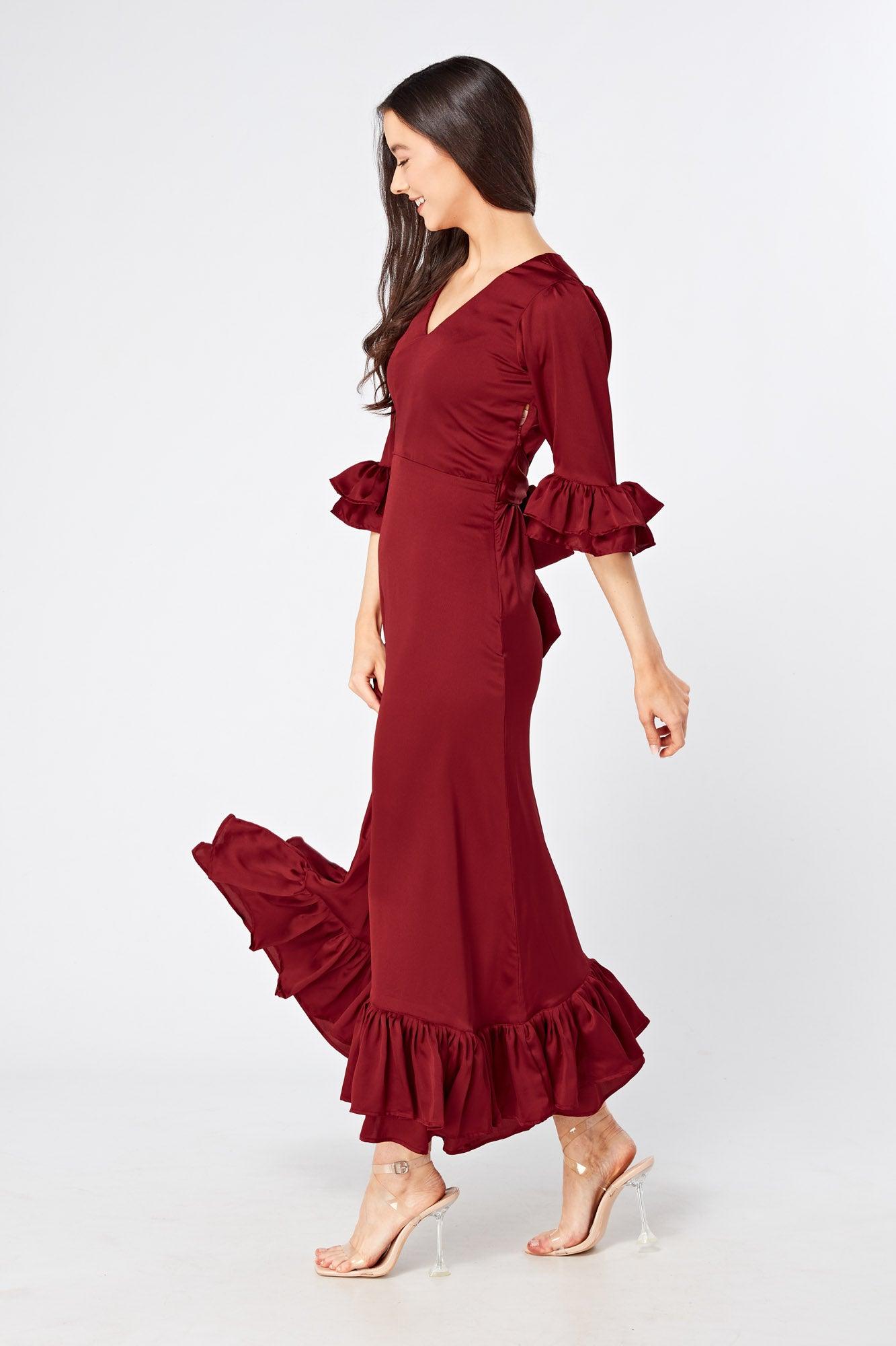 Francesca Frilled Hem Satin-Feel Maroon Maxi Dress - TAHLIRA