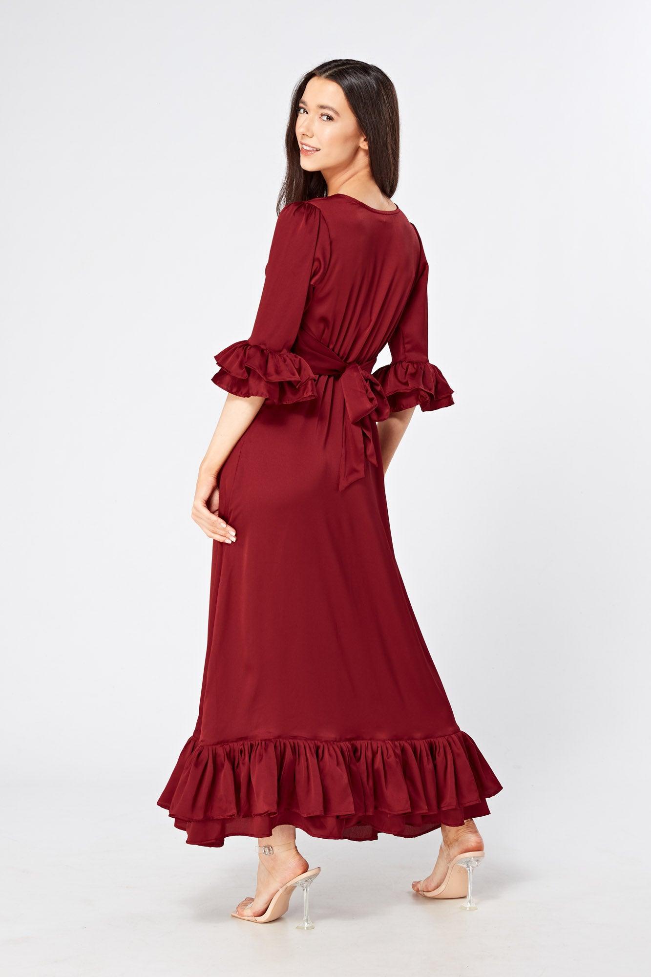 Francesca Frilled Hem Satin-Feel Maroon Maxi Dress - TAHLIRA