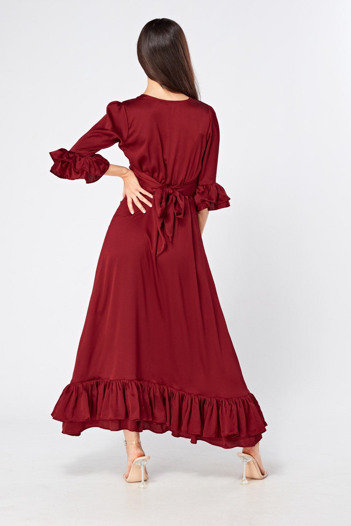 Francesca Frilled Hem Satin-Feel Maroon Maxi Dress - TAHLIRA