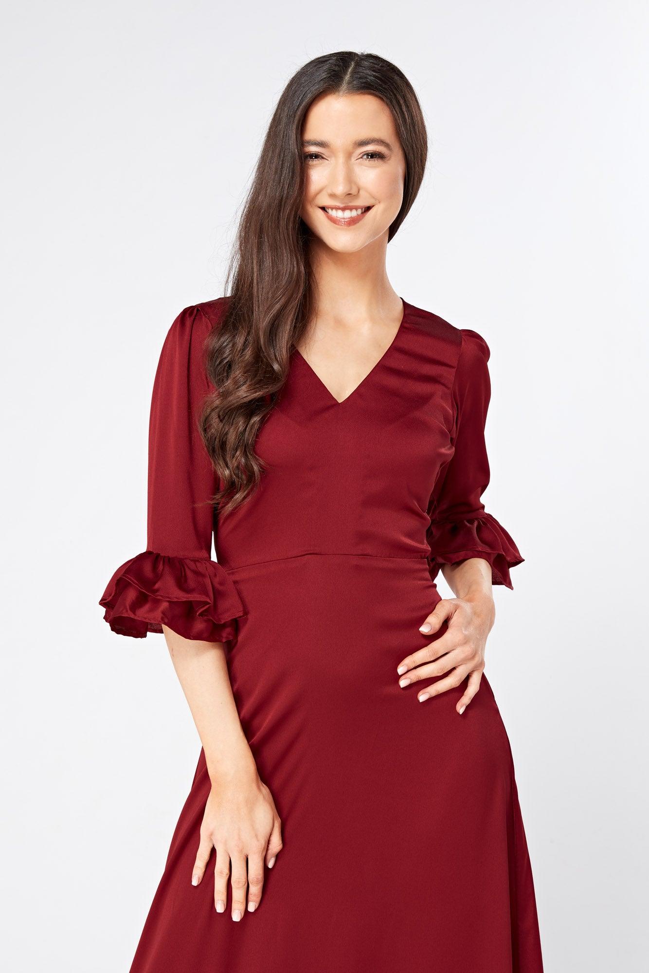 Francesca Frilled Hem Satin-Feel Maroon Maxi Dress - TAHLIRA