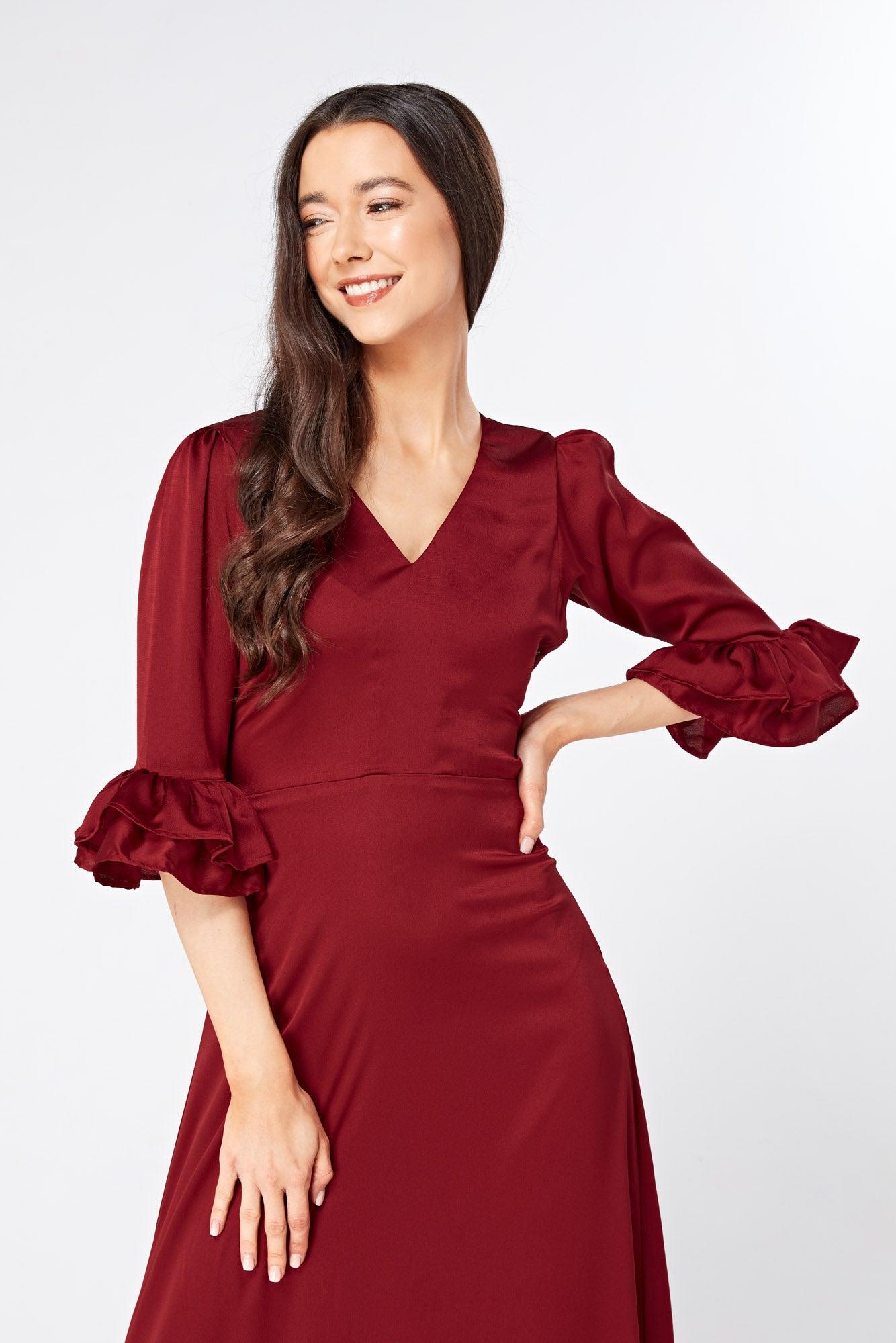 Francesca Frilled Hem Satin-Feel Maroon Maxi Dress - TAHLIRA