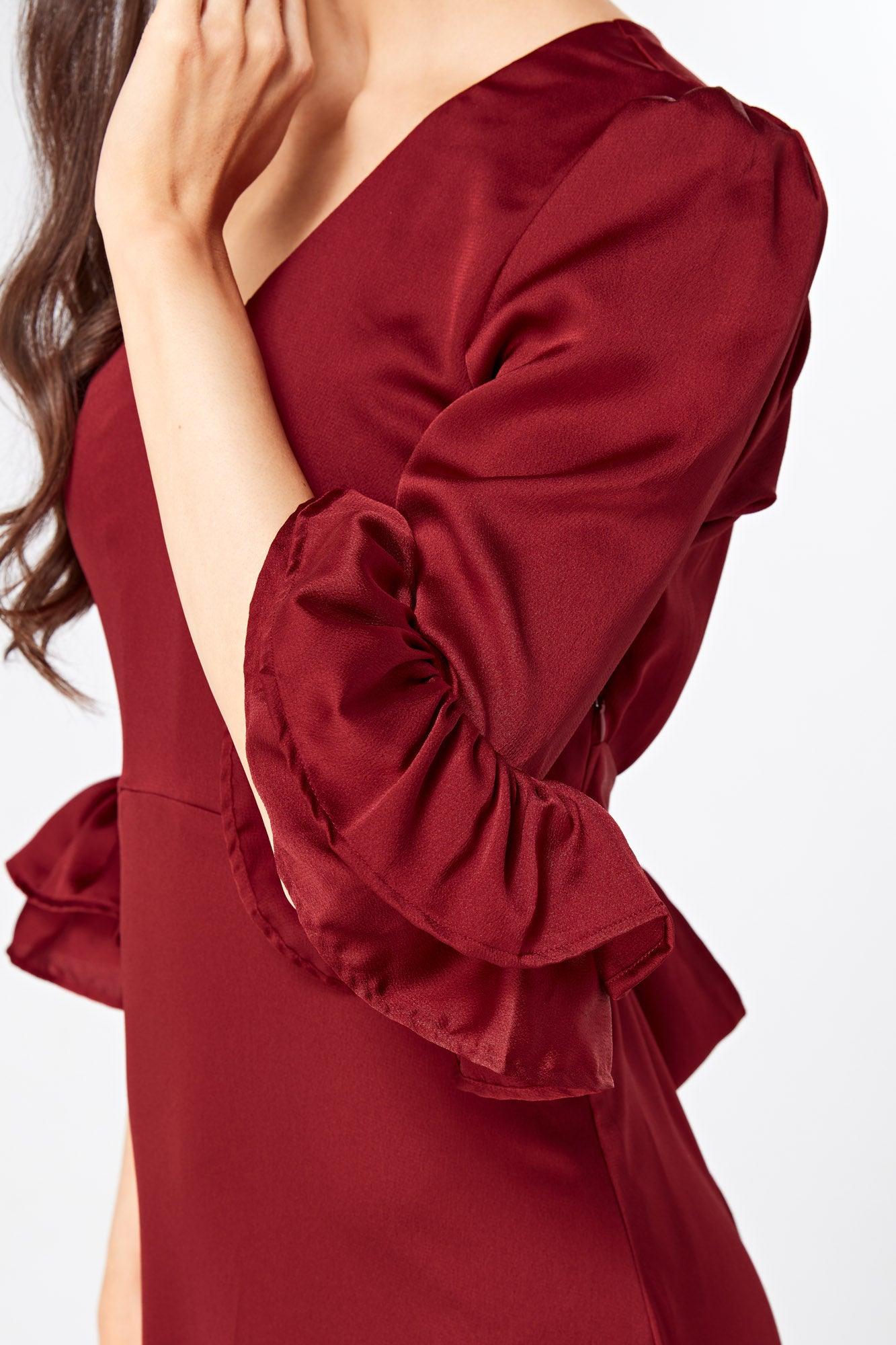 Francesca Frilled Hem Satin-Feel Maroon Maxi Dress - TAHLIRA