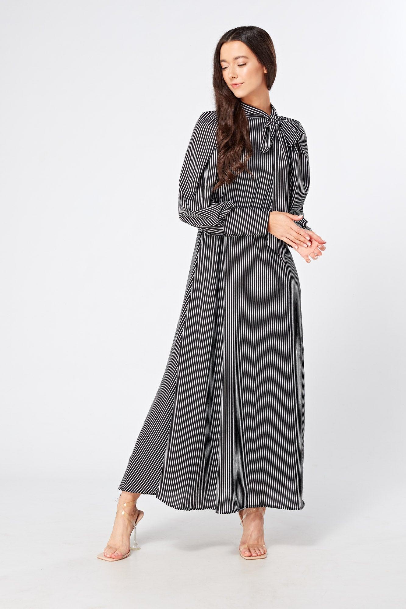 Lilia High Neck Pussybow Black And White Maxi Dress - TAHLIRA