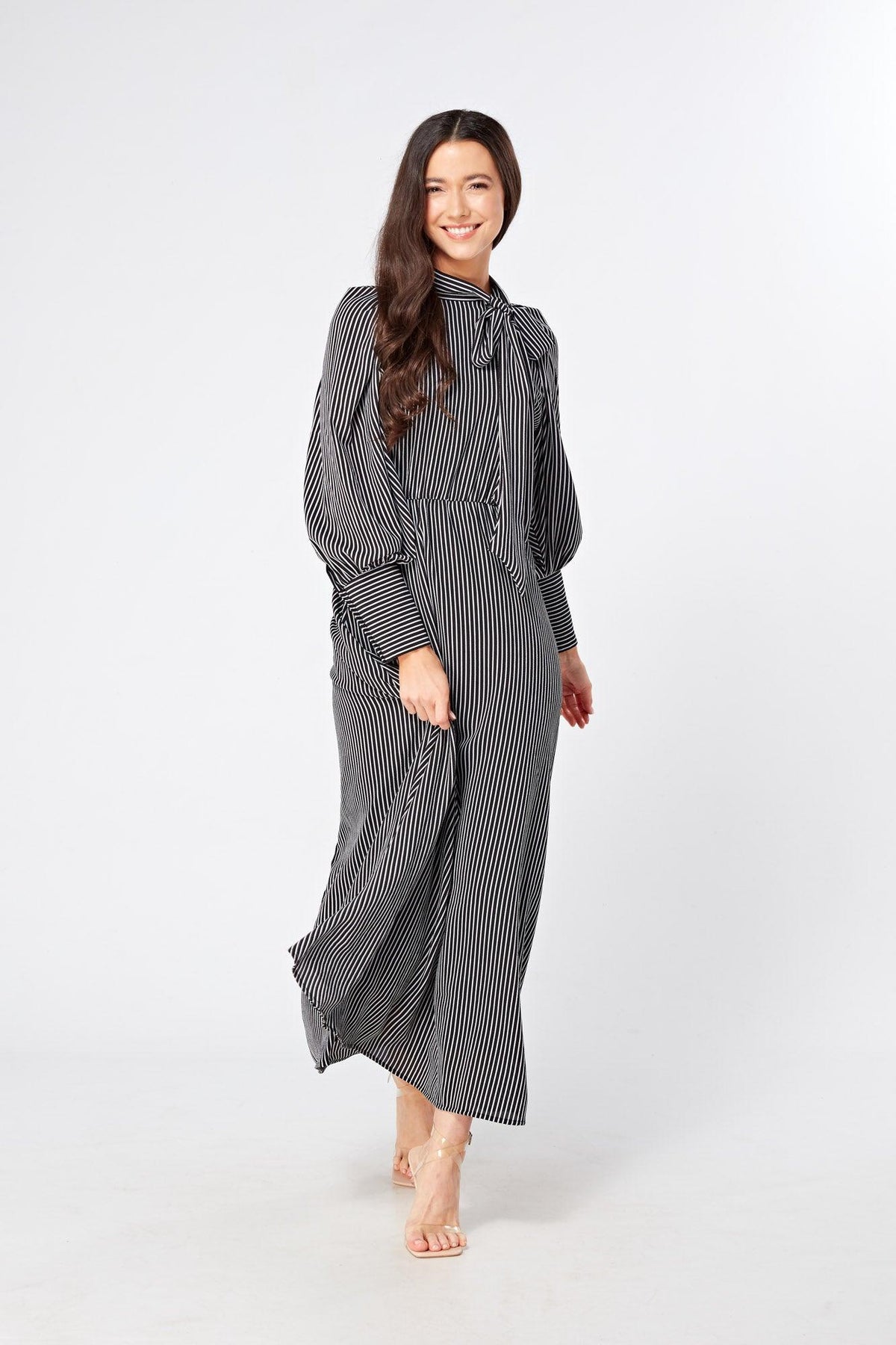 Lilia High Neck Pussybow Black And White Maxi Dress - TAHLIRA