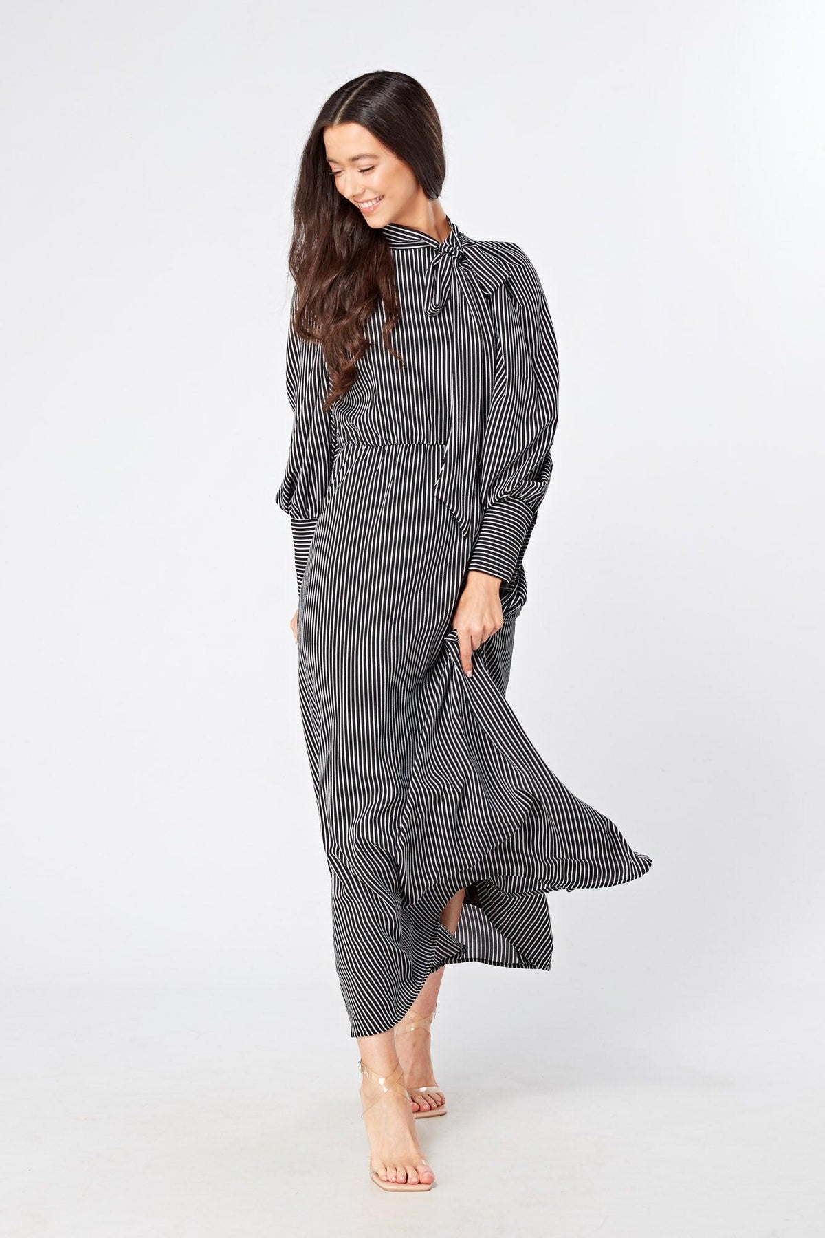 Lilia High Neck Pussybow Black And White Maxi Dress - TAHLIRA