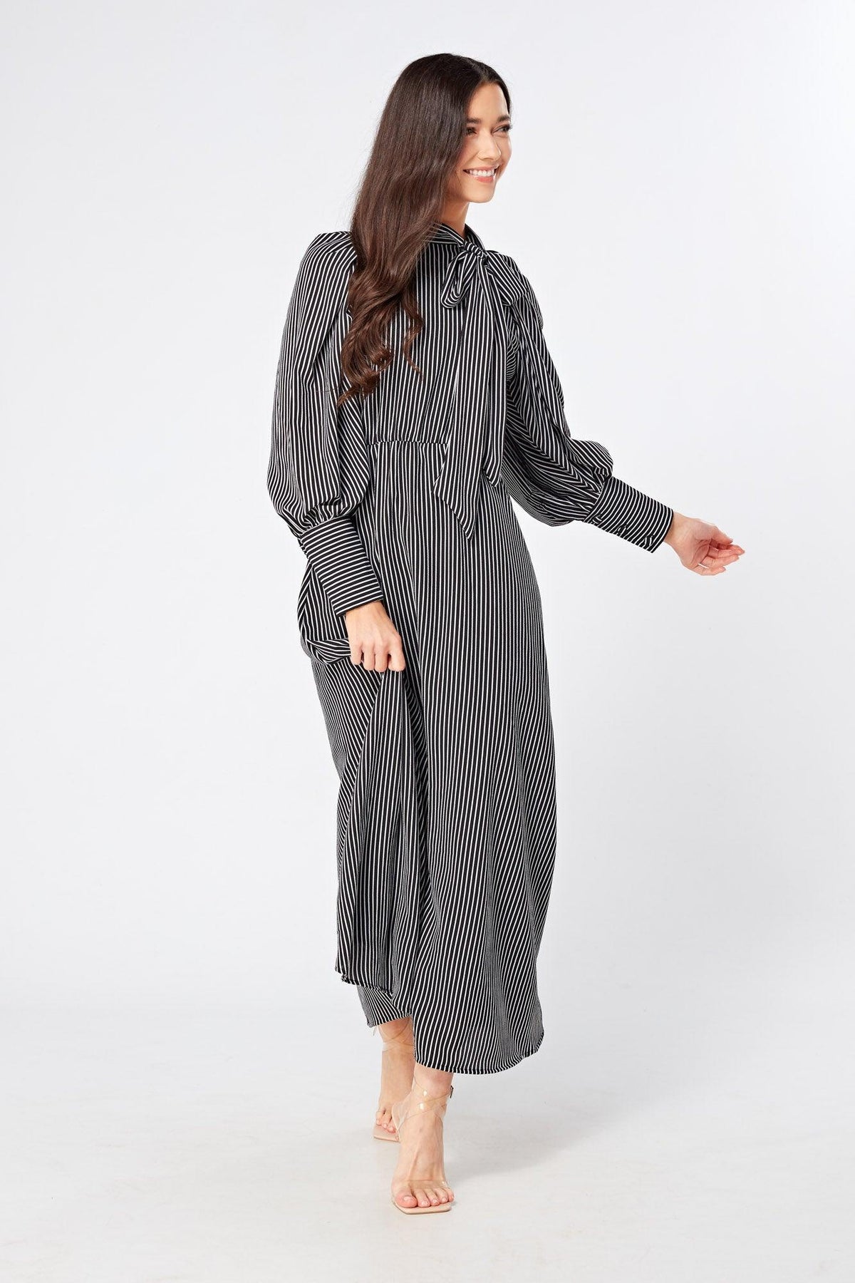 Lilia High Neck Pussybow Black And White Maxi Dress - TAHLIRA