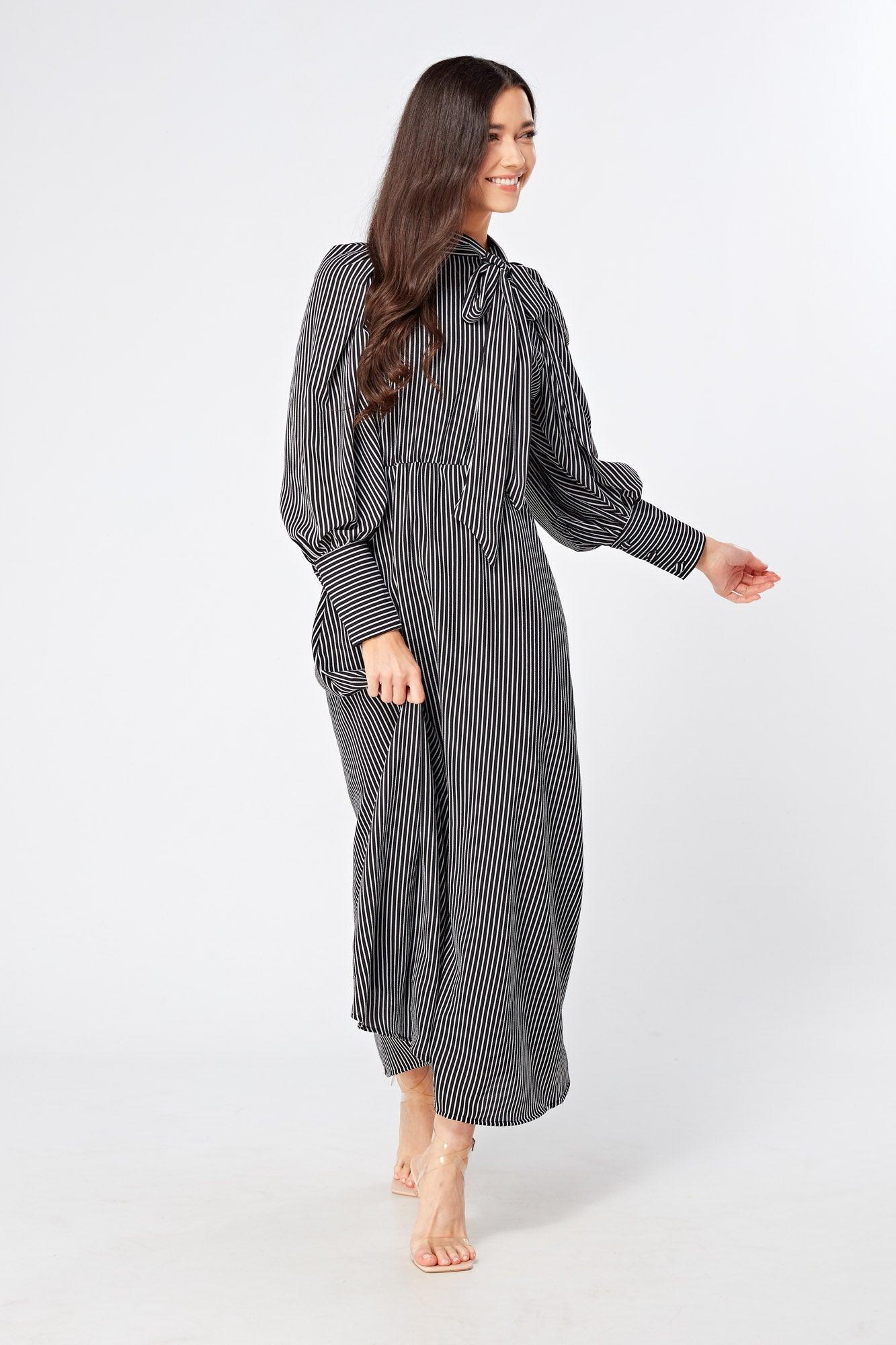 Lilia High Neck Pussybow Black And White Maxi Dress - TAHLIRA