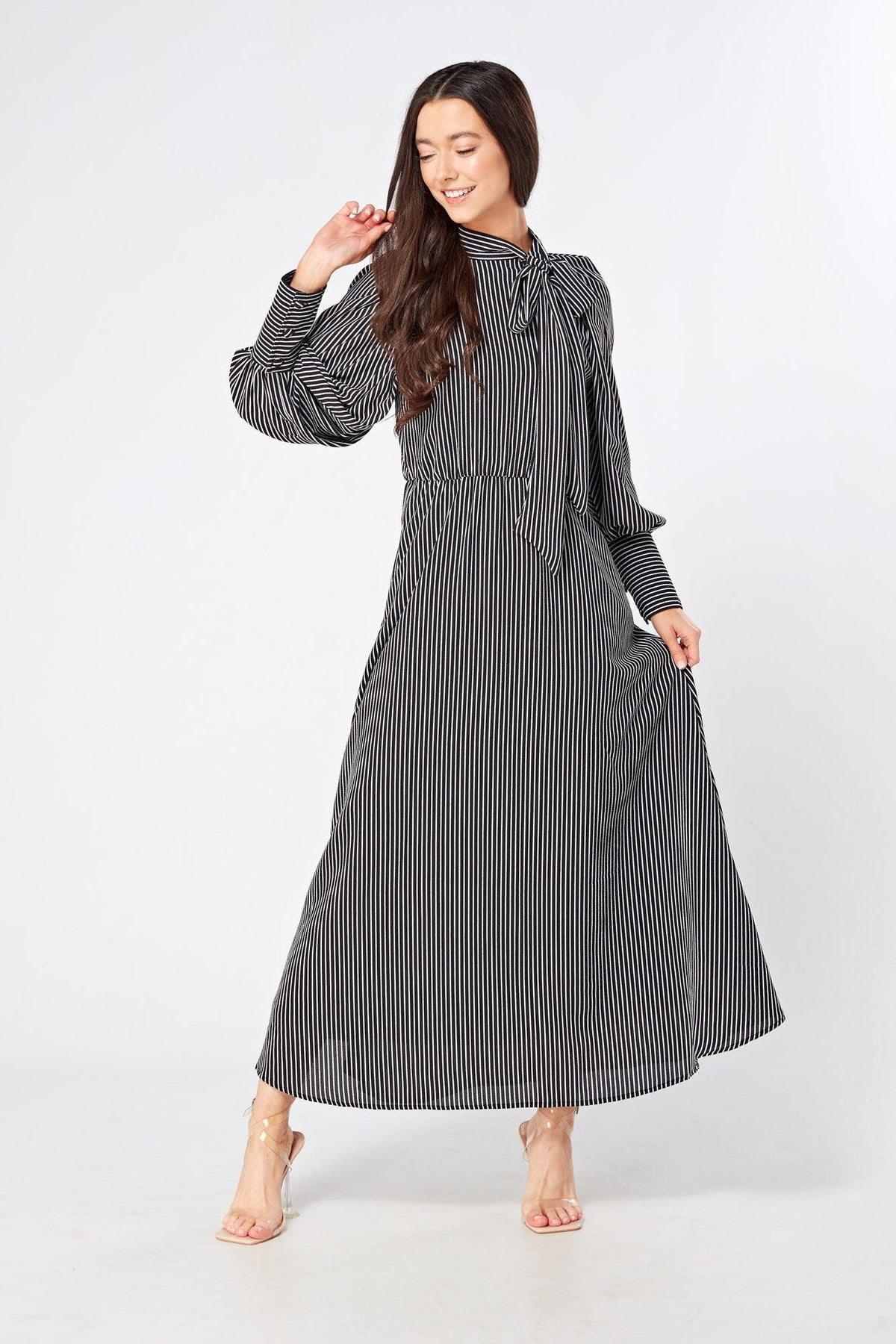 Lilia High Neck Pussybow Black And White Maxi Dress - TAHLIRA