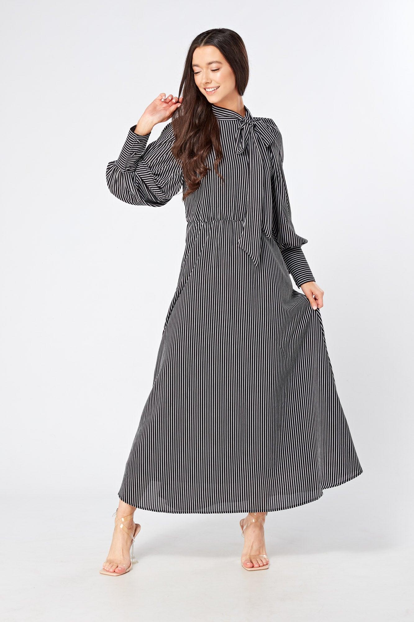 Lilia High Neck Pussybow Black And White Maxi Dress - TAHLIRA