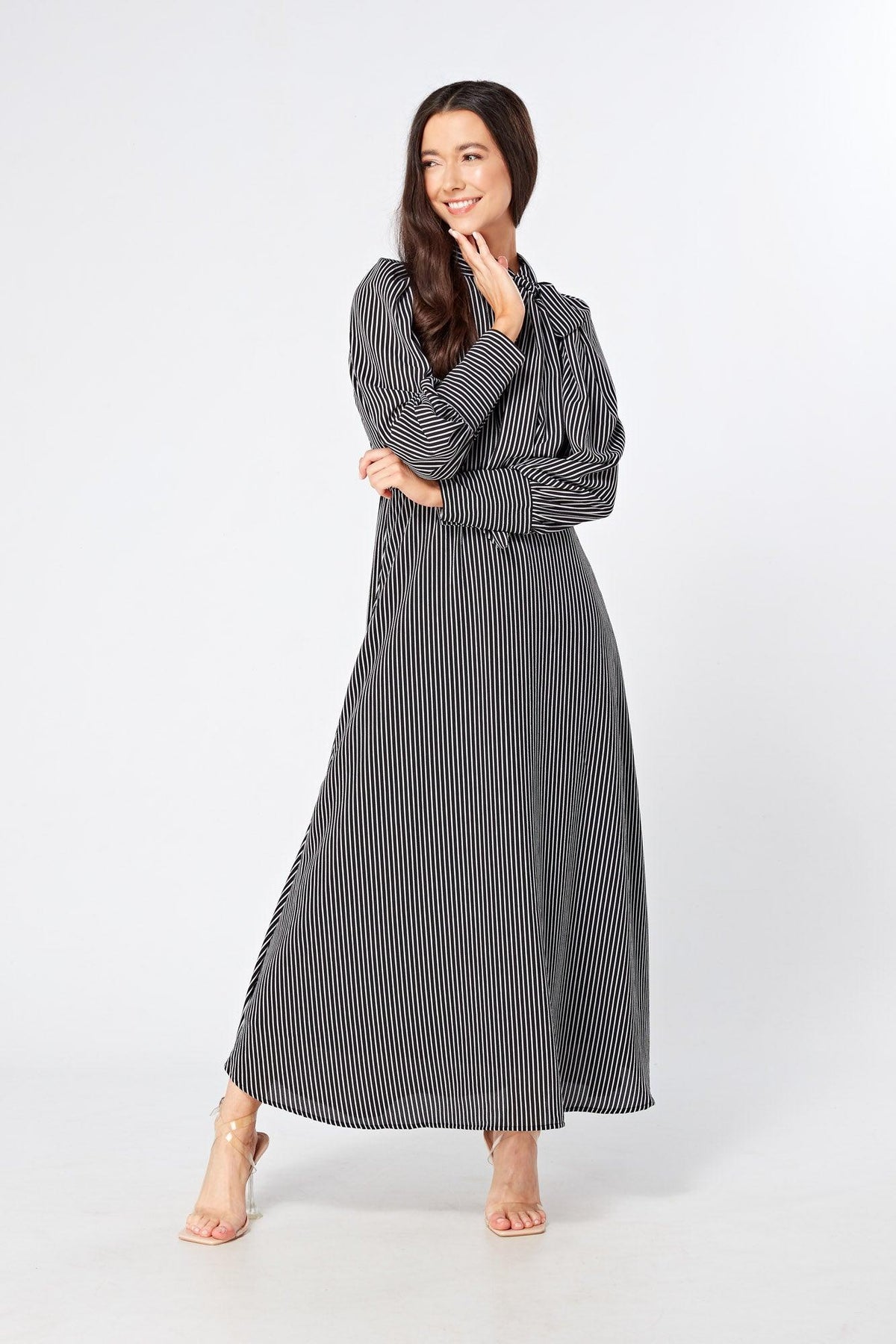 Lilia High Neck Pussybow Black And White Maxi Dress - TAHLIRA