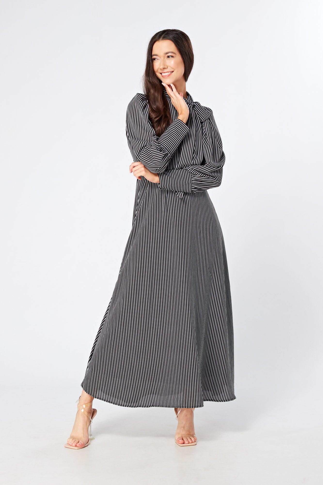 Lilia High Neck Pussybow Black And White Maxi Dress - TAHLIRA