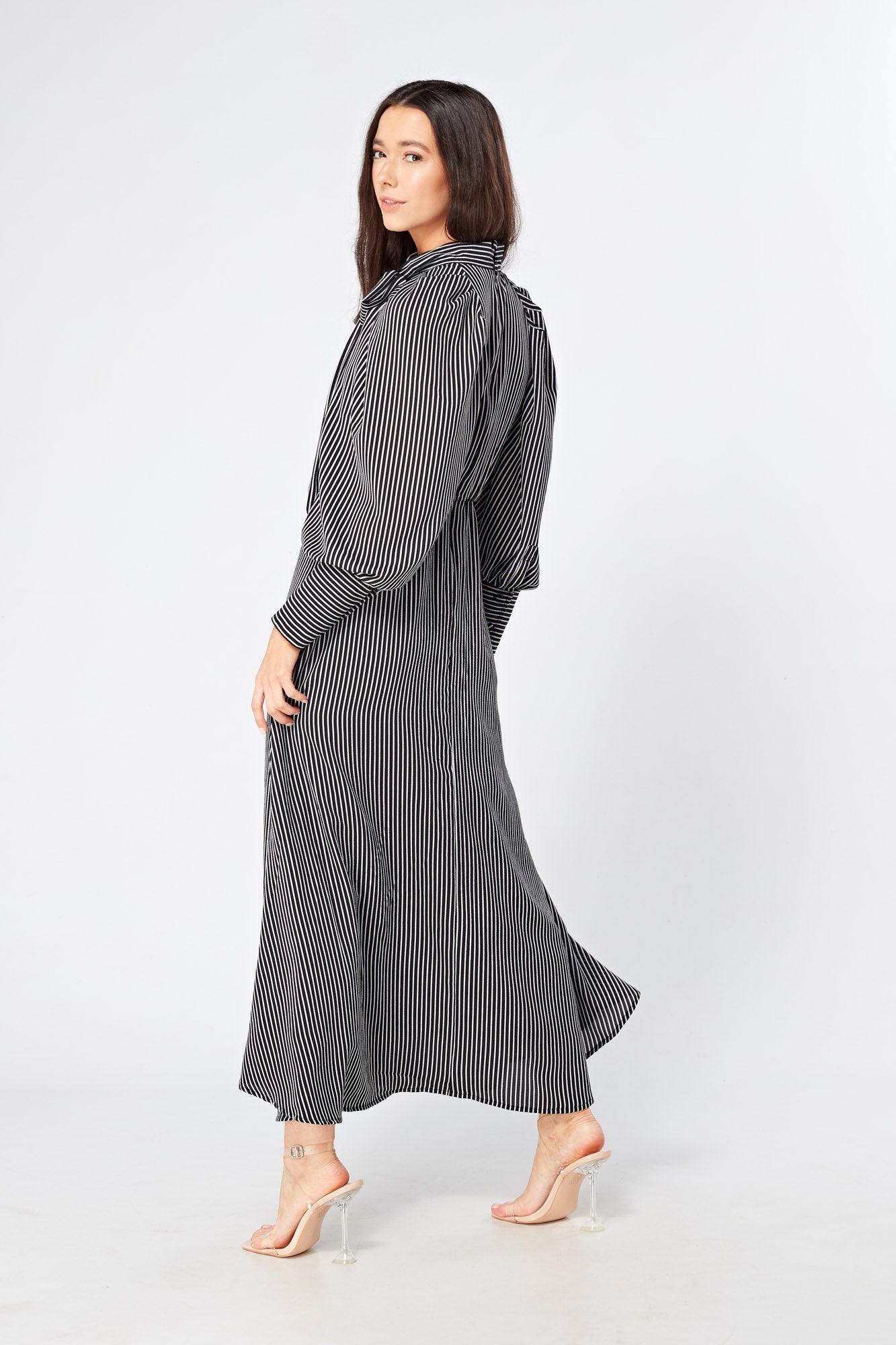 Lilia High Neck Pussybow Black And White Maxi Dress - TAHLIRA