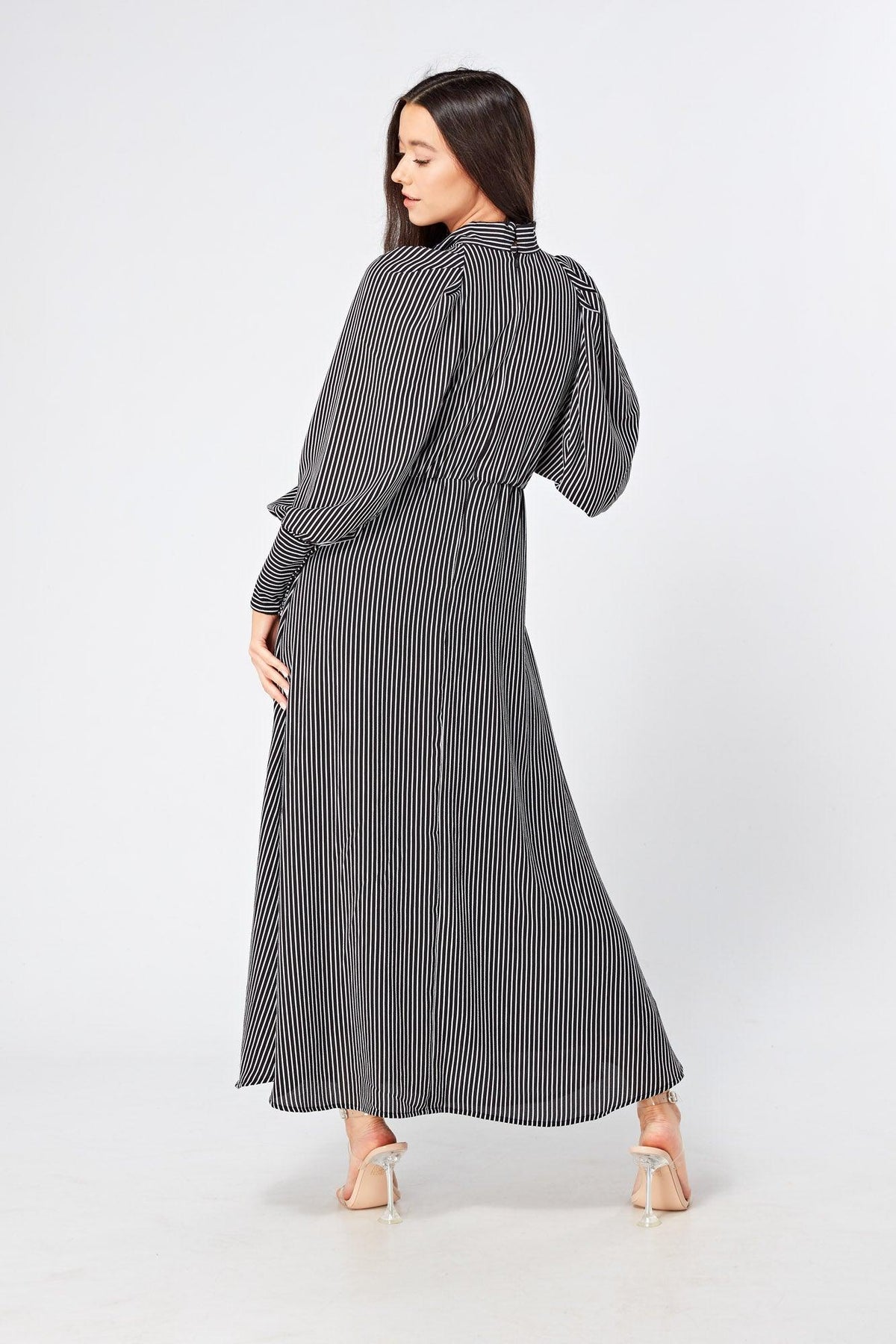 Lilia High Neck Pussybow Black And White Maxi Dress - TAHLIRA