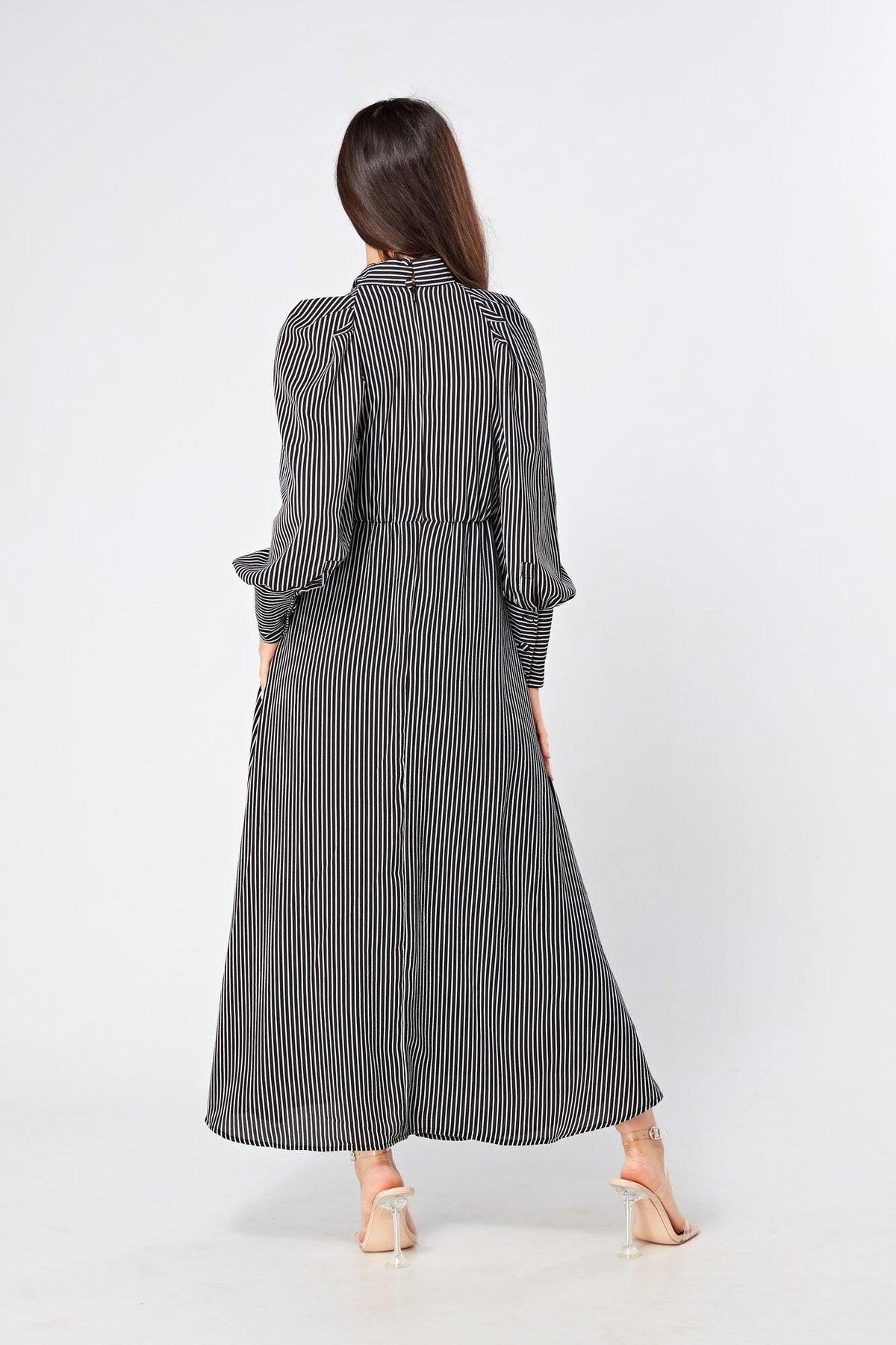 Lilia High Neck Pussybow Black And White Maxi Dress - TAHLIRA