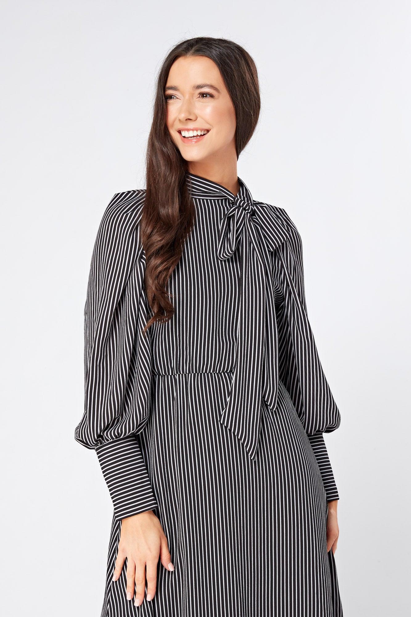 Lilia High Neck Pussybow Black And White Maxi Dress - TAHLIRA