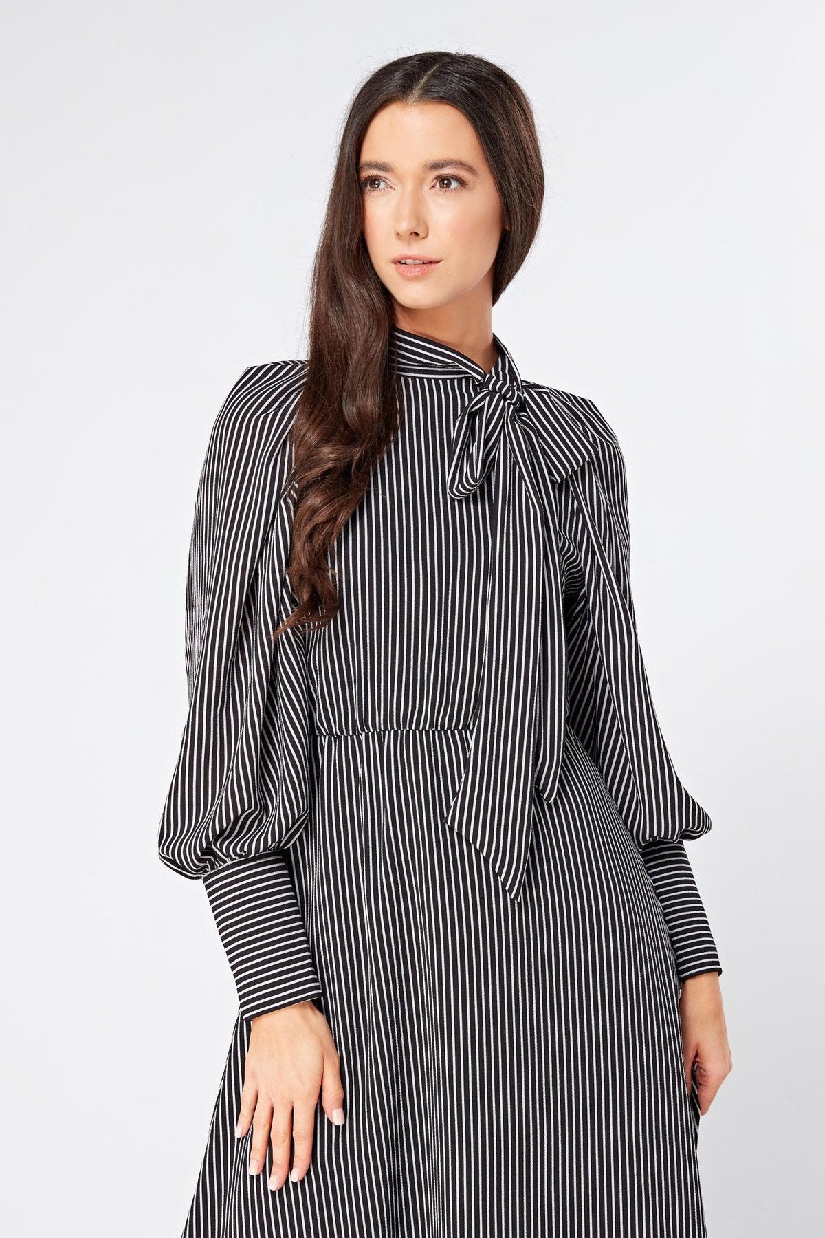 Lilia High Neck Pussybow Black And White Maxi Dress - TAHLIRA