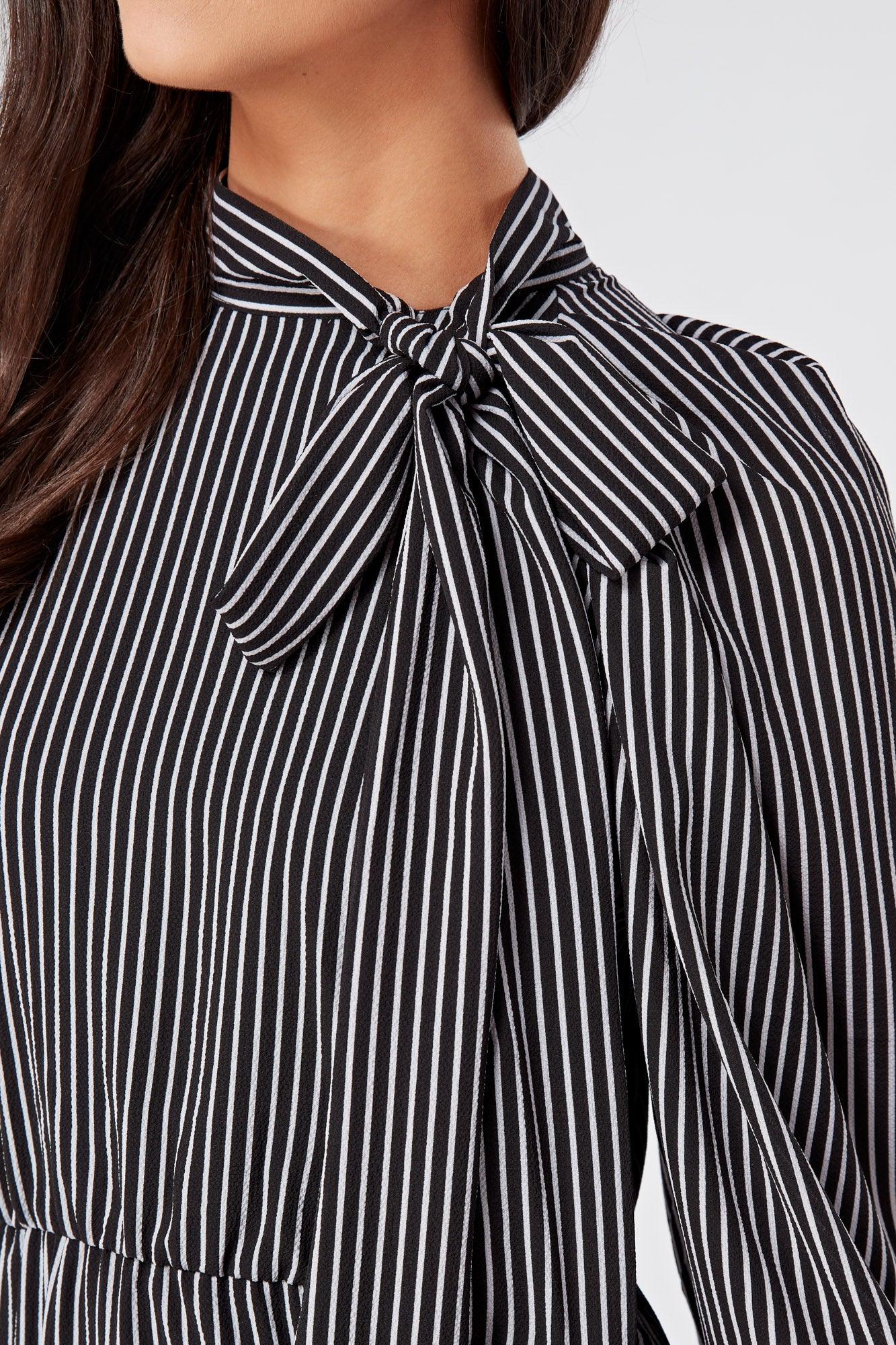 Lilia High Neck Pussybow Black And White Maxi Dress - TAHLIRA