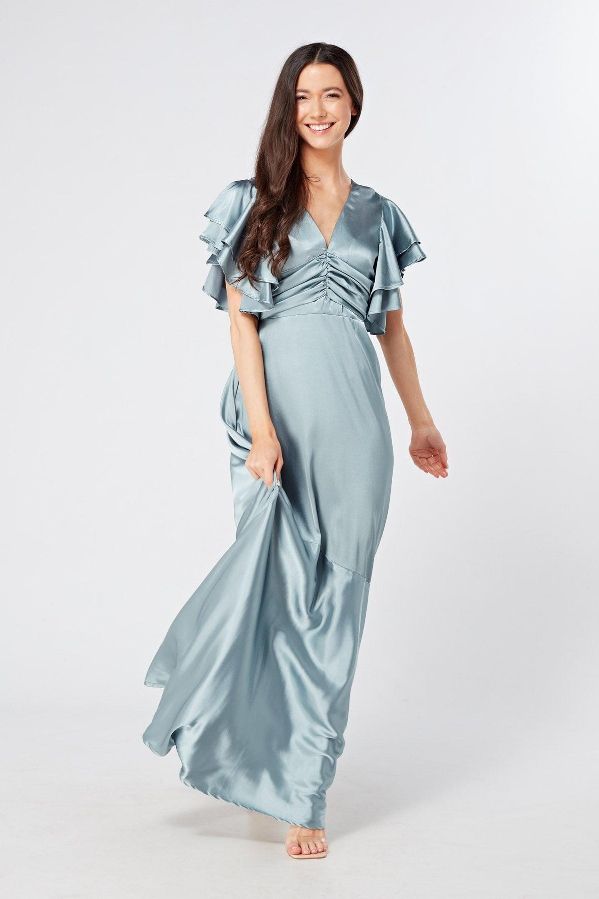 Cynthia Dusty Blue Satin Maxi Dress With Frill Sleeves - TAHLIRA