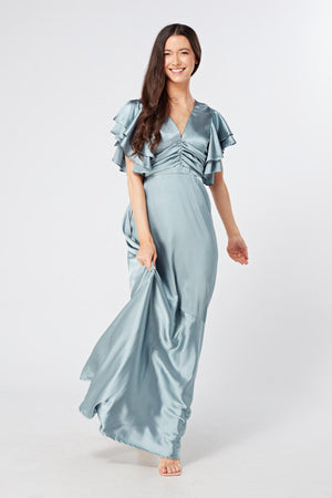 Cynthia Dusty Blue Satin Maxi Dress With Frill Sleeves - TAHLIRA