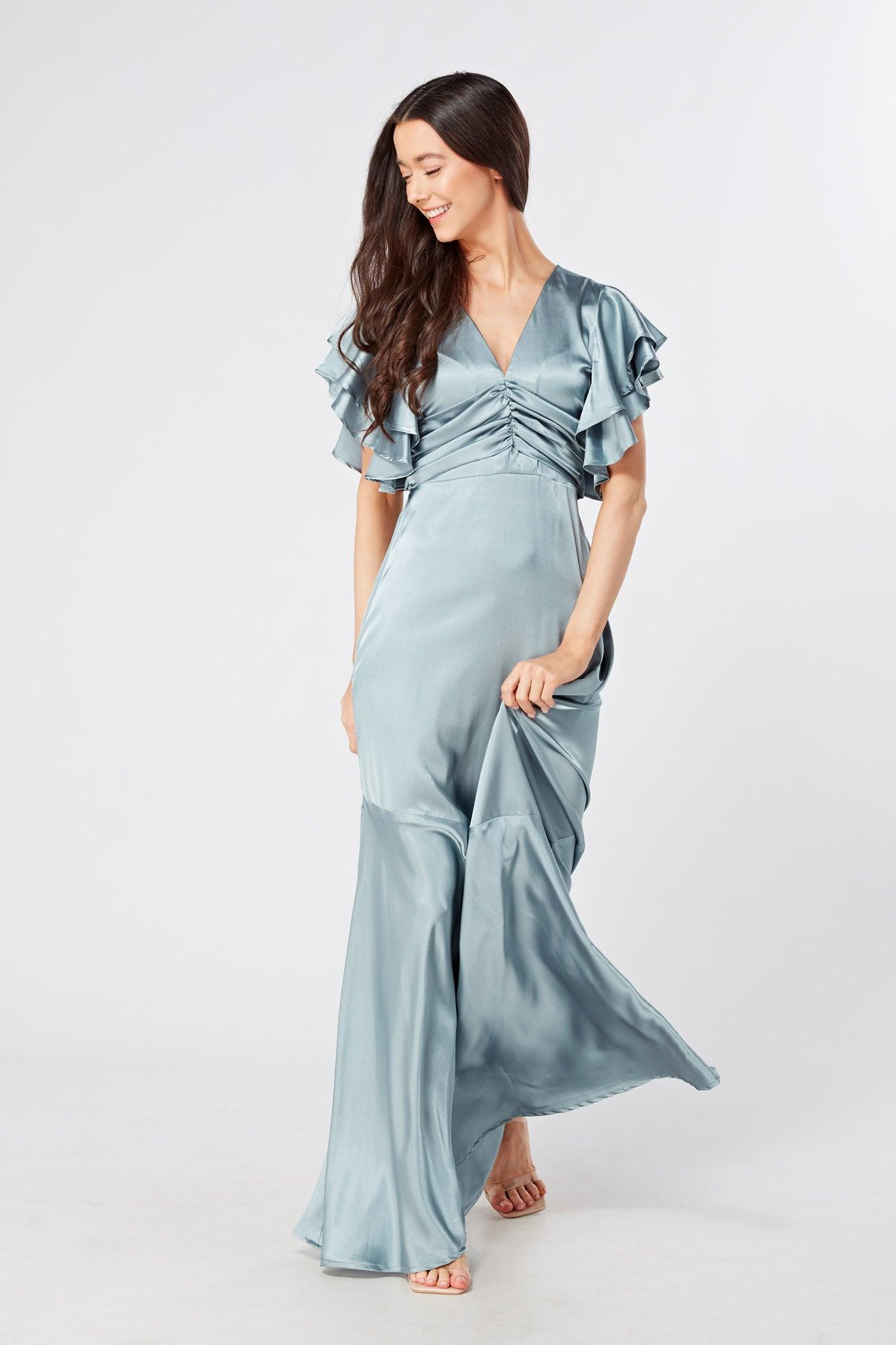 Cynthia Dusty Blue Satin Maxi Dress With Frill Sleeves - TAHLIRA