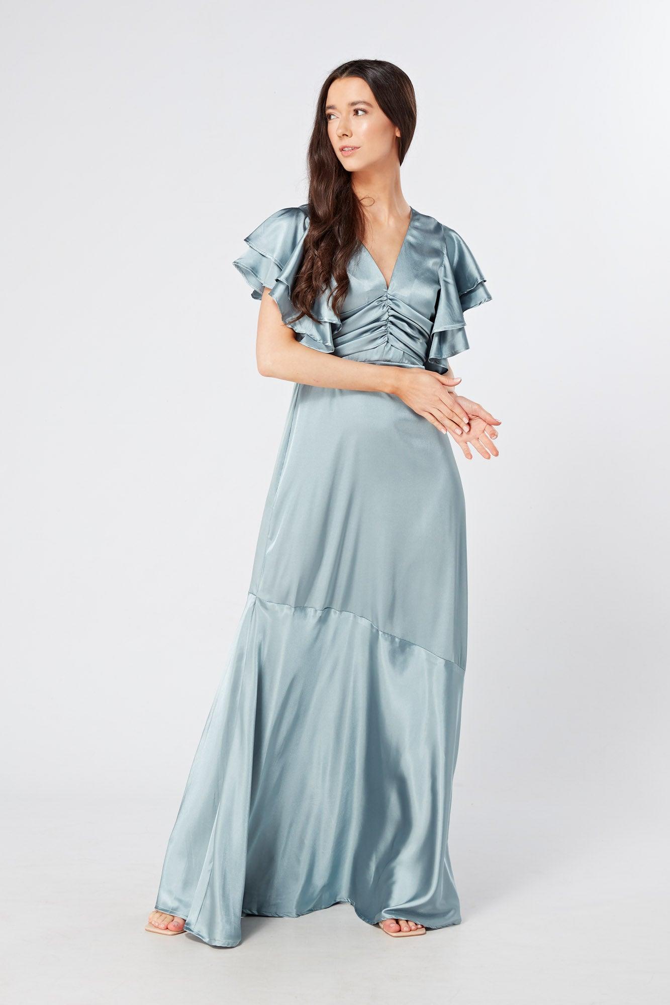 Cynthia Dusty Blue Satin Maxi Dress With Frill Sleeves - TAHLIRA