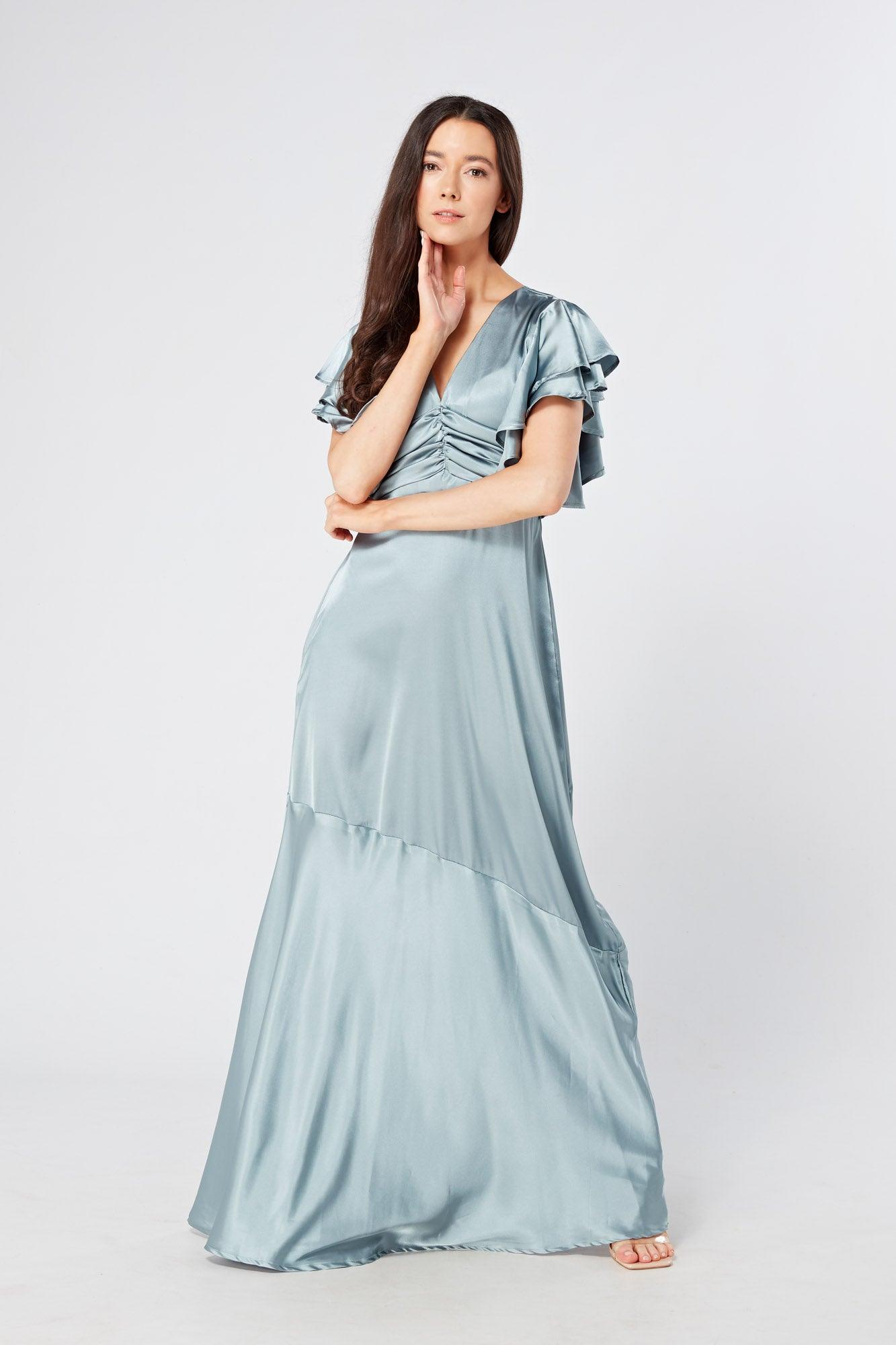 Cynthia Dusty Blue Satin Maxi Dress With Frill Sleeves - TAHLIRA