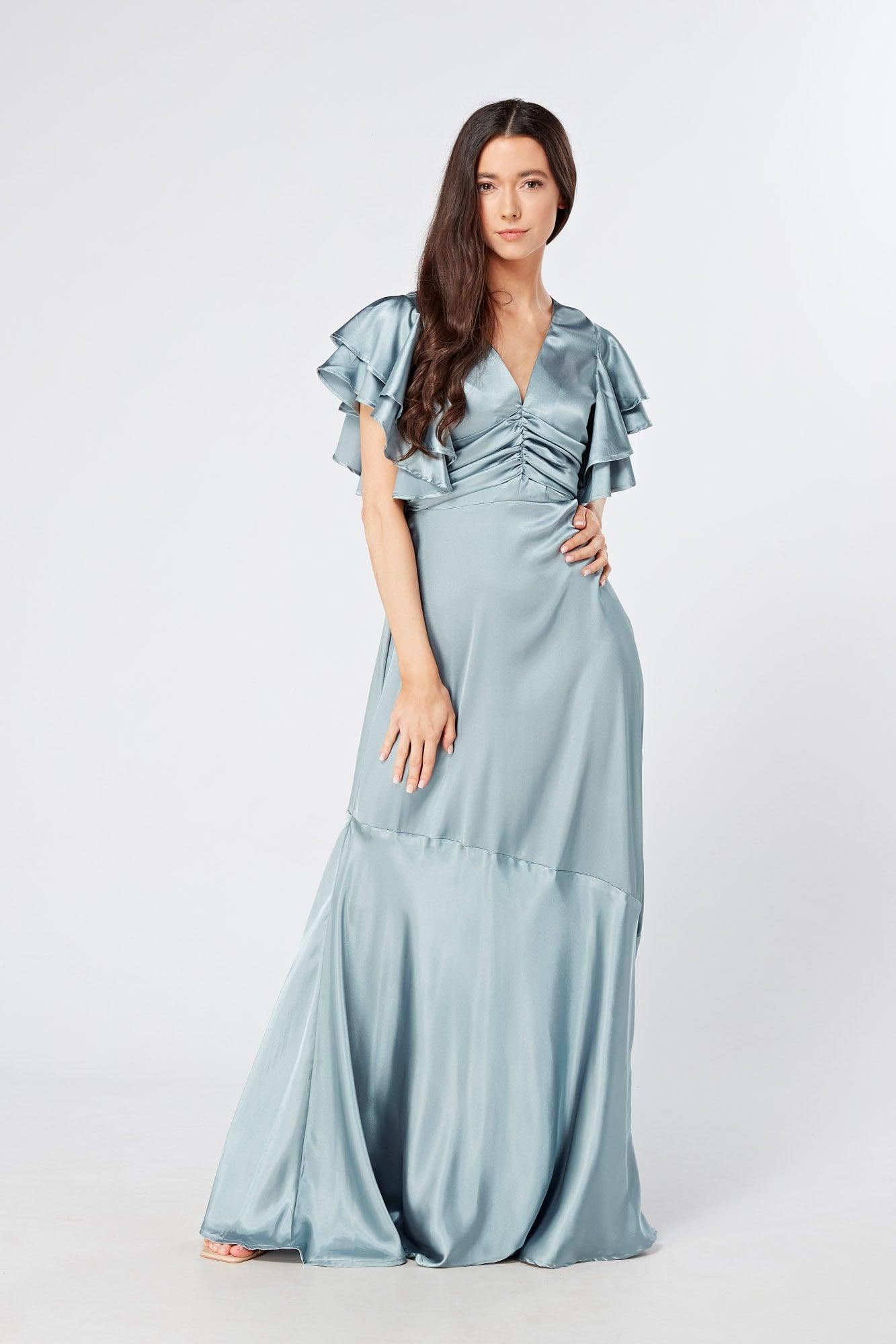 Cynthia Dusty Blue Satin Maxi Dress With Frill Sleeves - TAHLIRA