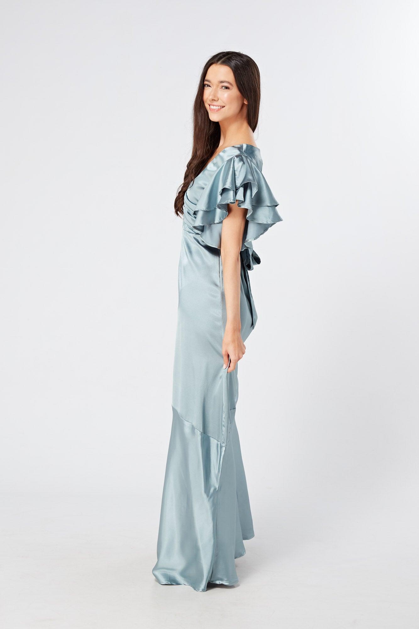 Cynthia Dusty Blue Satin Maxi Dress With Frill Sleeves - TAHLIRA