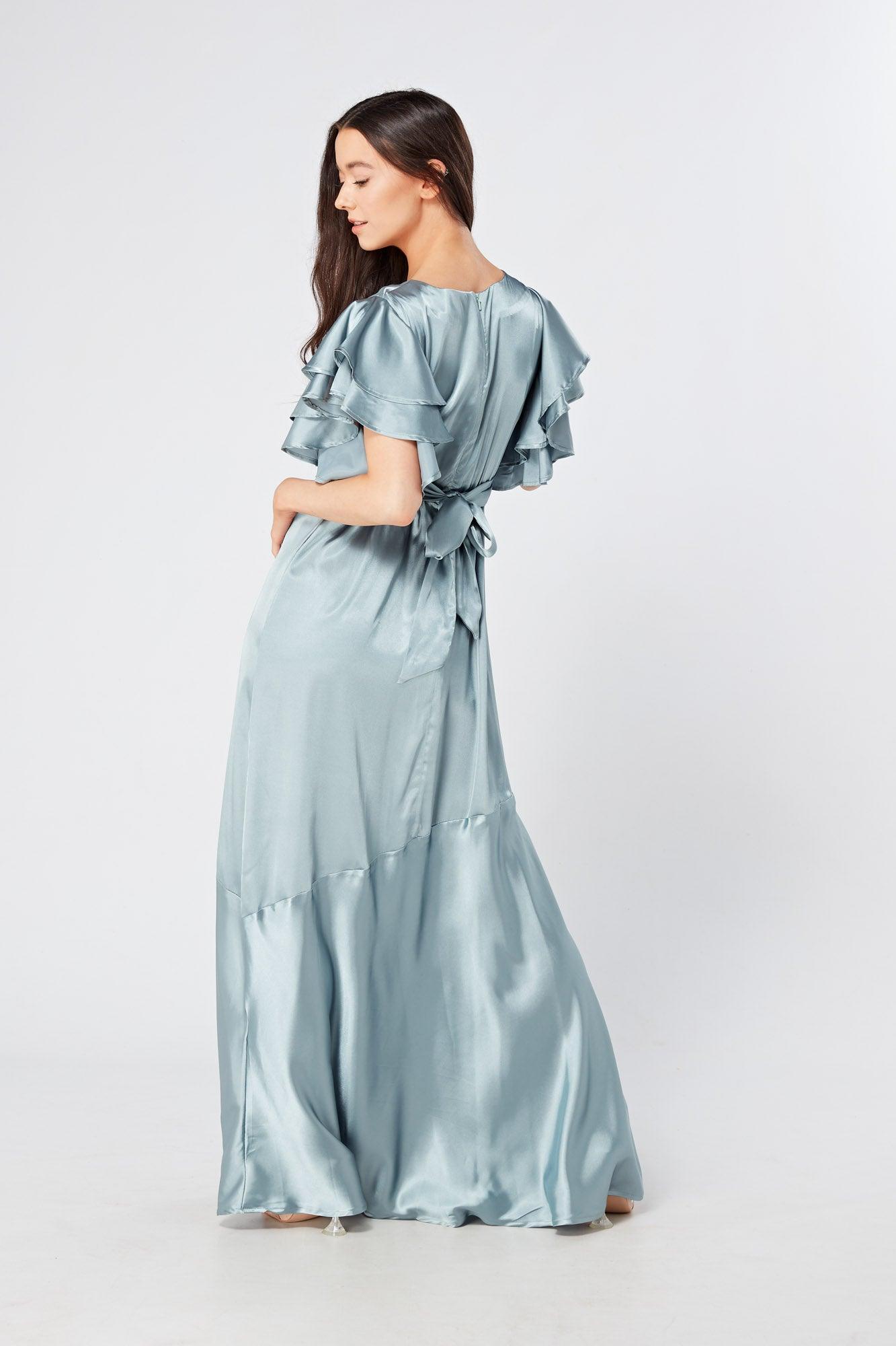 Cynthia Dusty Blue Satin Maxi Dress With Frill Sleeves - TAHLIRA