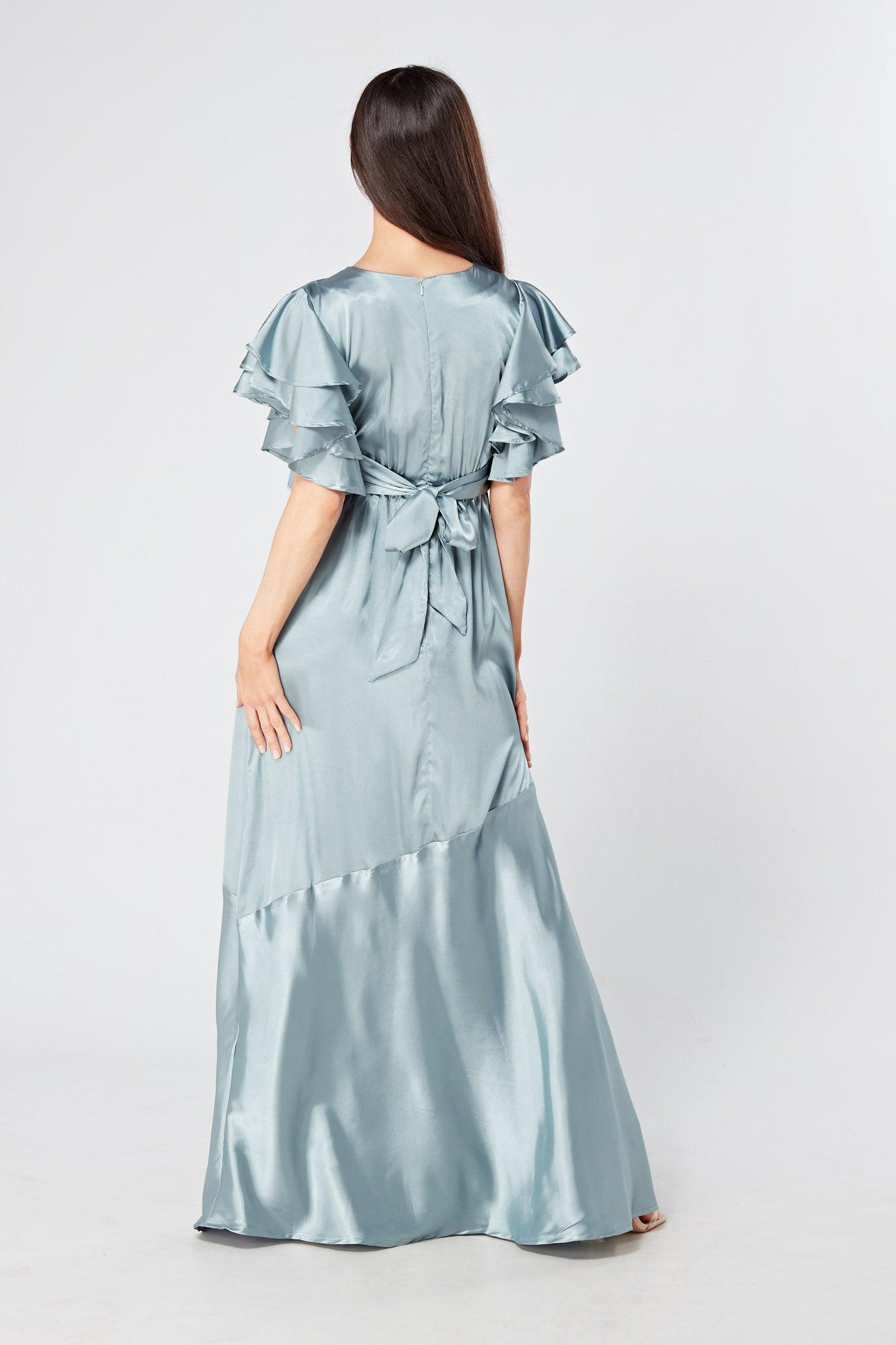 Cynthia Dusty Blue Satin Maxi Dress With Frill Sleeves - TAHLIRA