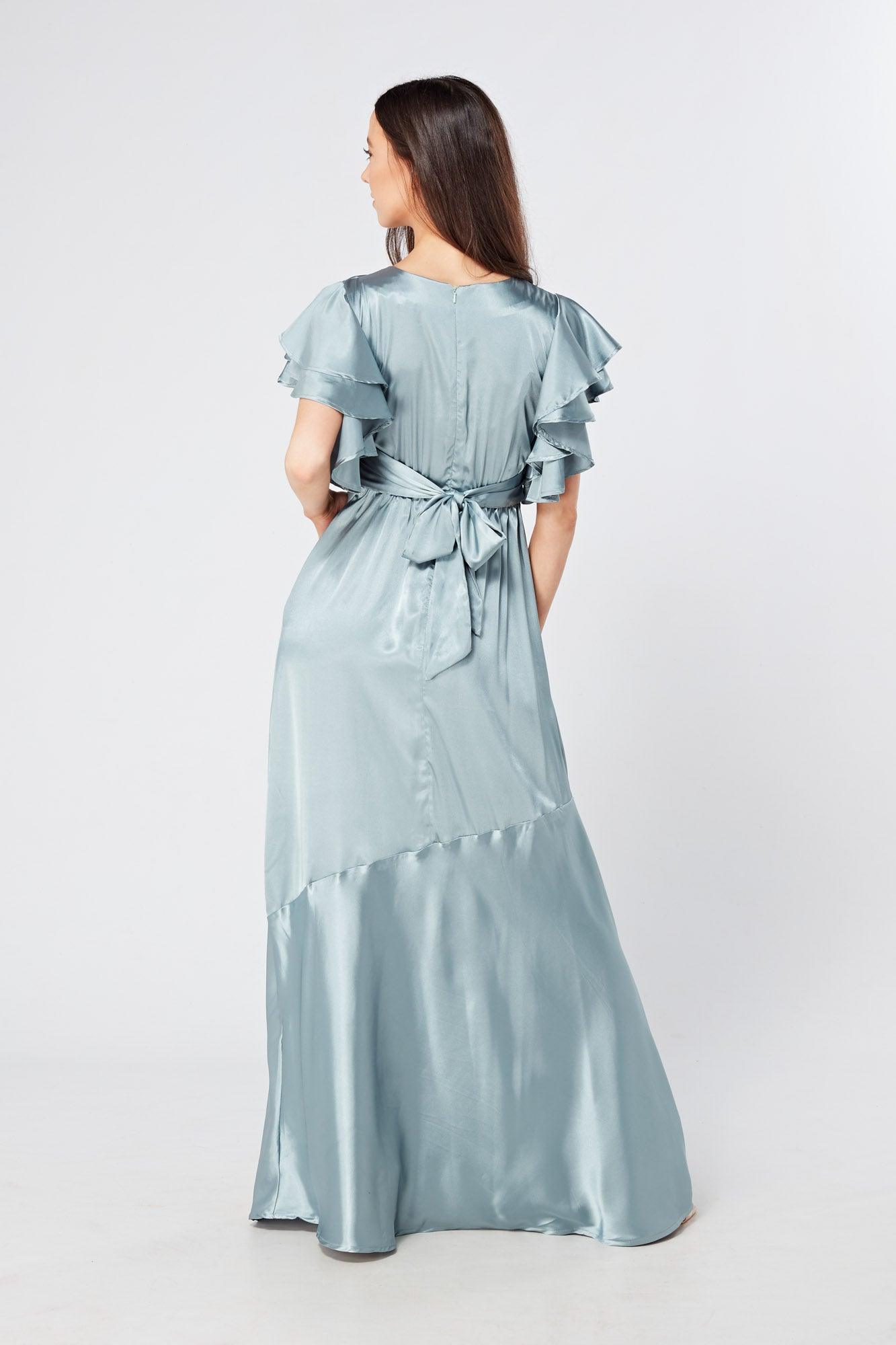 Cynthia Dusty Blue Satin Maxi Dress With Frill Sleeves - TAHLIRA