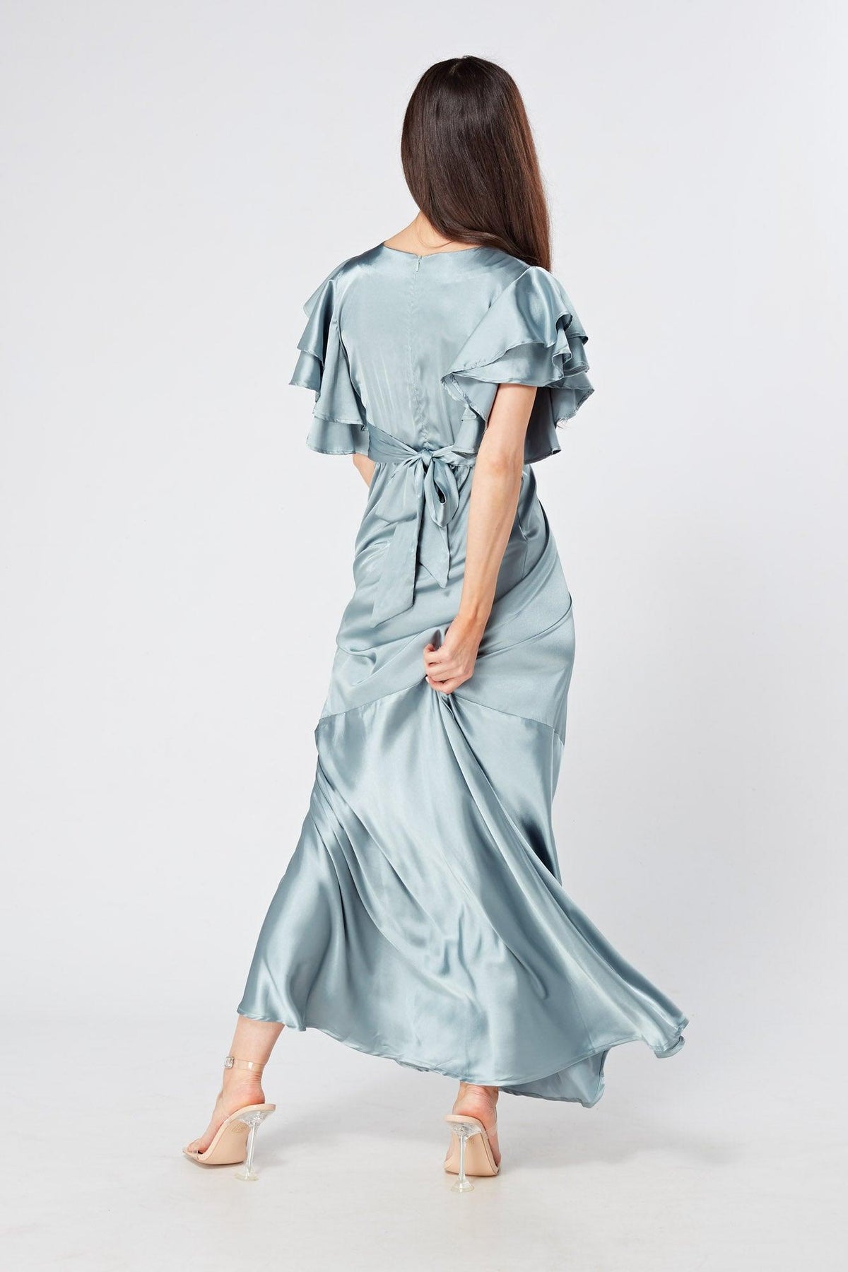 Cynthia Dusty Blue Satin Maxi Dress With Frill Sleeves - TAHLIRA
