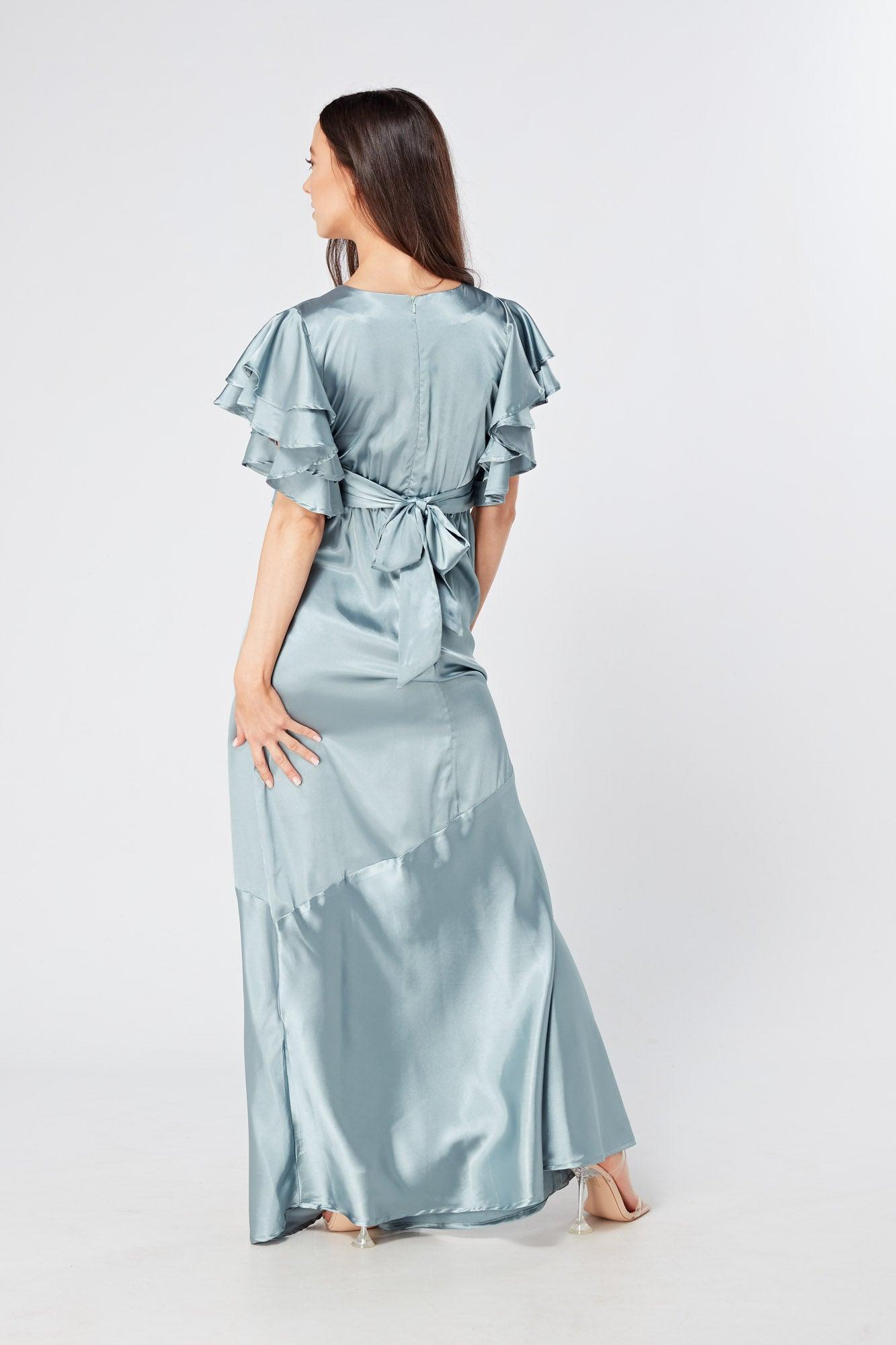 Cynthia Dusty Blue Satin Maxi Dress With Frill Sleeves - TAHLIRA