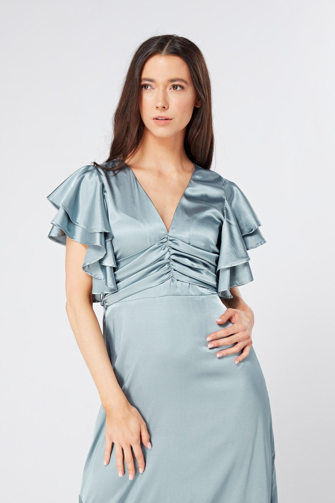 Cynthia Dusty Blue Satin Maxi Dress With Frill Sleeves - TAHLIRA