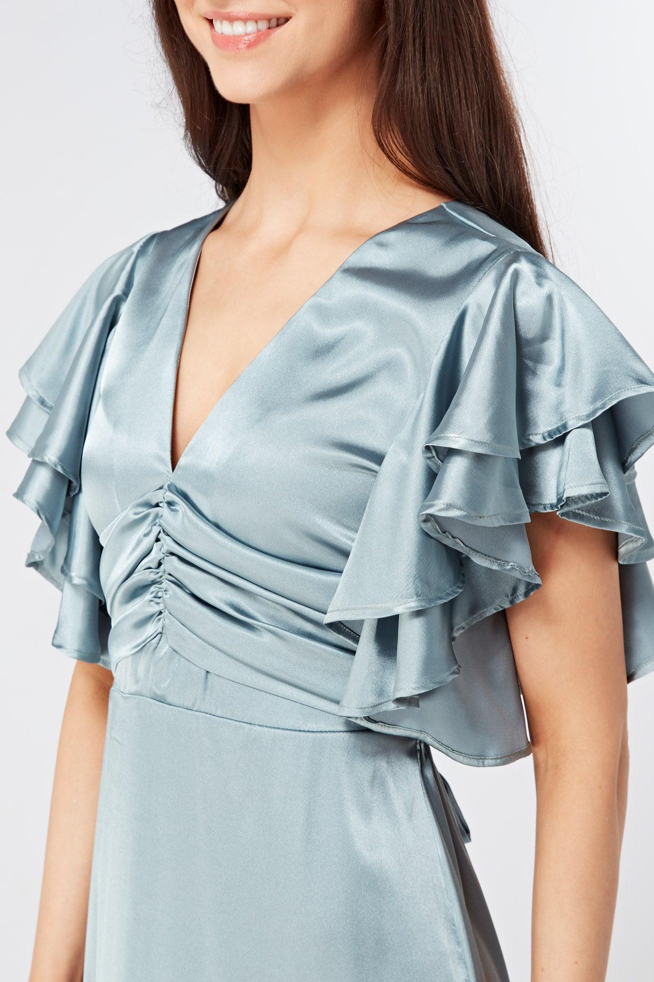 Cynthia Dusty Blue Satin Maxi Dress With Frill Sleeves - TAHLIRA