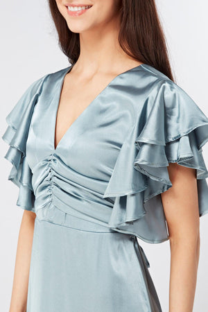 Cynthia Dusty Blue Satin Maxi Dress With Frill Sleeves - TAHLIRA