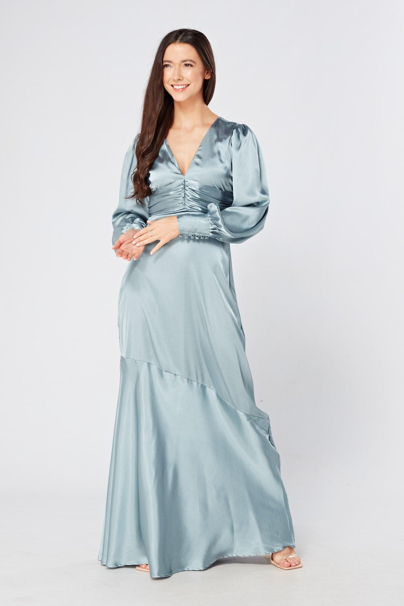 Naomi Dusty Blue Satin Maxi Dress With Long Sleeves - TAHLIRA