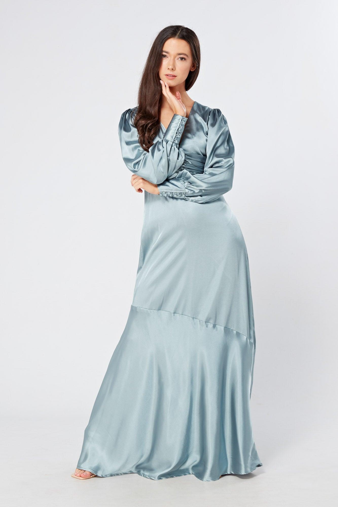 Naomi Dusty Blue Satin Maxi Dress With Long Sleeves - TAHLIRA