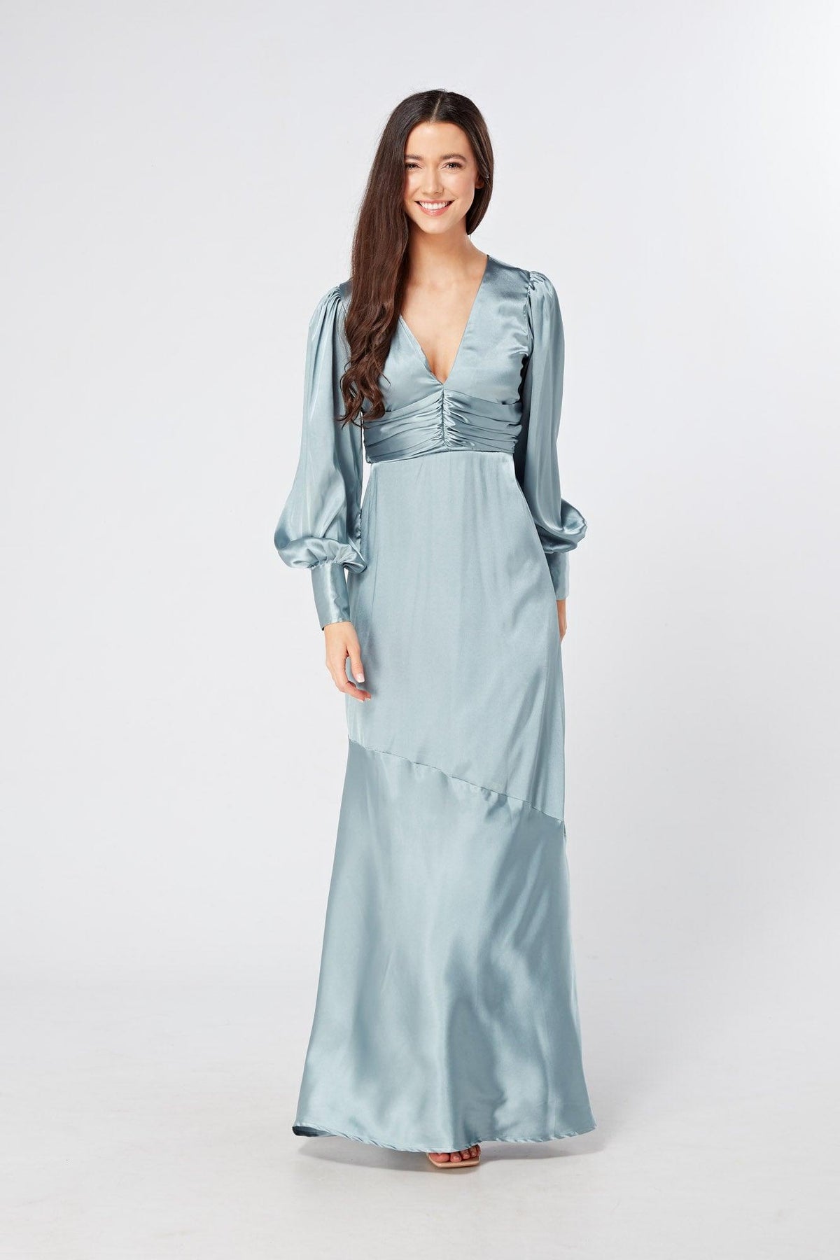 Naomi Dusty Blue Satin Maxi Dress With Long Sleeves - TAHLIRA