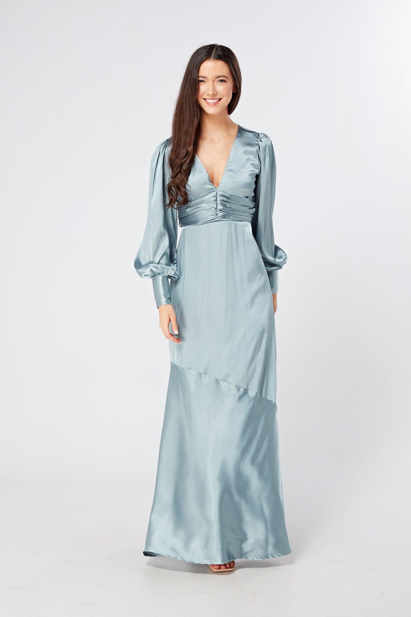 Naomi Dusty Blue Satin Maxi Dress With Long Sleeves - TAHLIRA