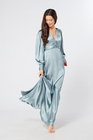 Naomi Dusty Blue Satin Maxi Dress With Long Sleeves - TAHLIRA