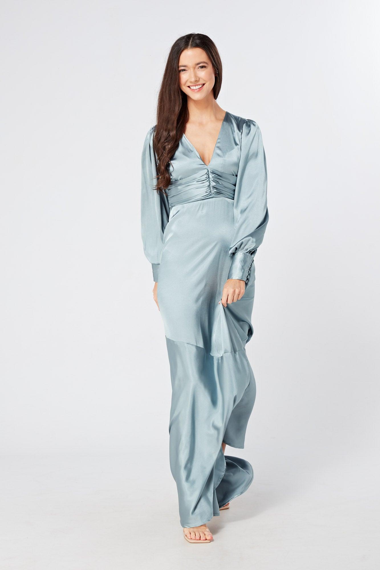 Naomi Dusty Blue Satin Maxi Dress With Long Sleeves - TAHLIRA