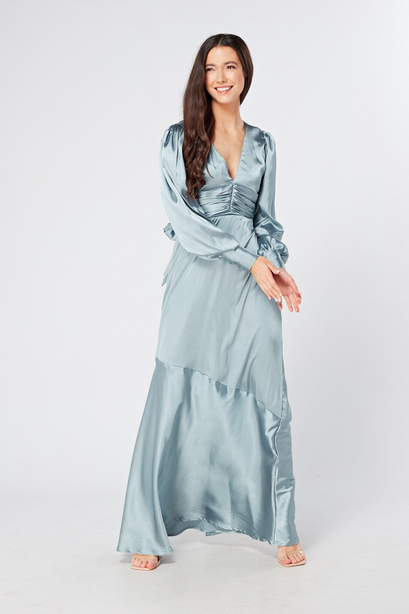 Naomi Dusty Blue Satin Maxi Dress With Long Sleeves - TAHLIRA