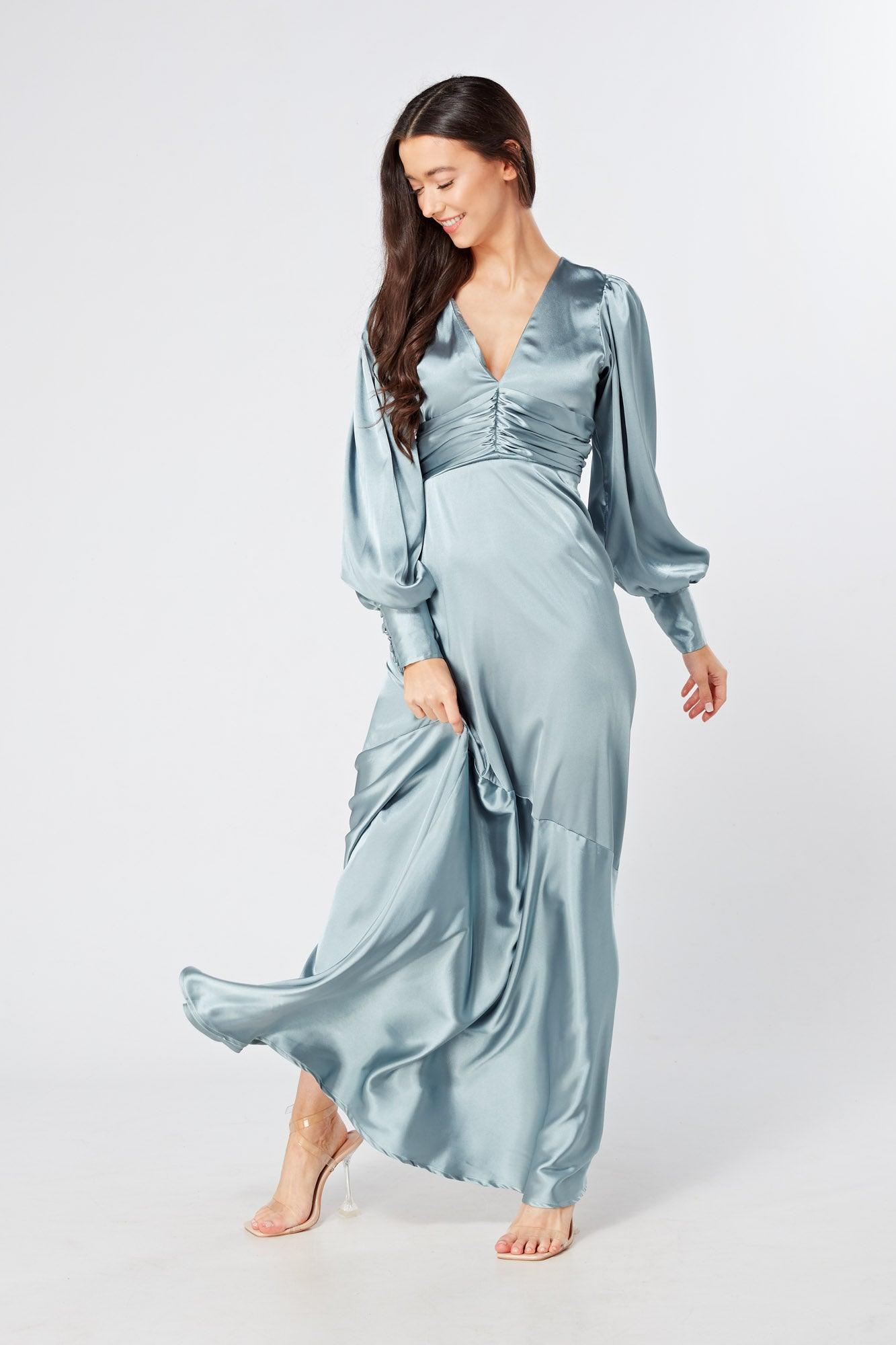 Naomi Dusty Blue Satin Maxi Dress With Long Sleeves - TAHLIRA