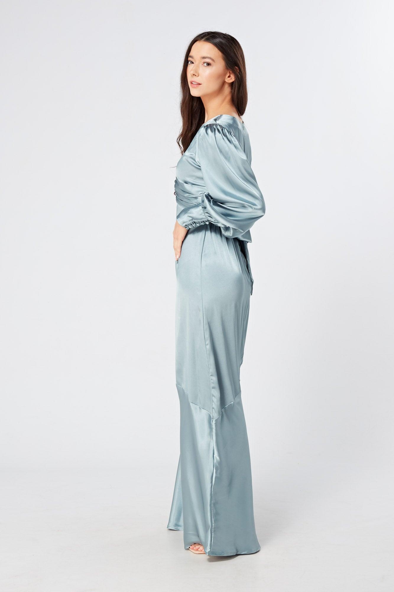 Naomi Dusty Blue Satin Maxi Dress With Long Sleeves - TAHLIRA